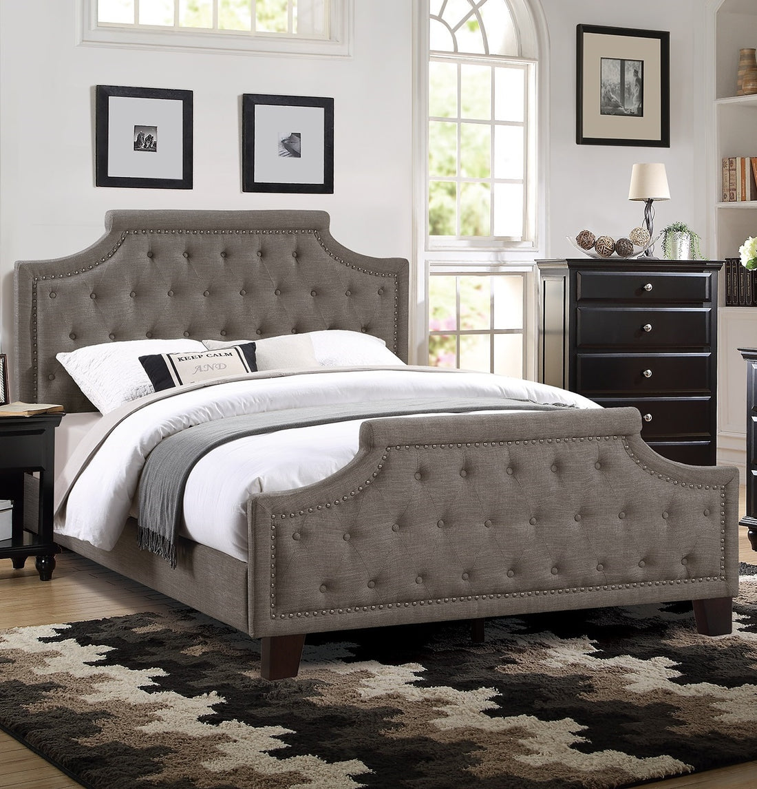 Modern Style Brown Polyfiber American Traditional 1Pcs Full Size Bed Only Button Tufted Headboard Footboard Bedroom Furniture Box Spring Not Required Full Brown Wood Bedroom American Design,Contemporary,Modern Bed Frame Fabric