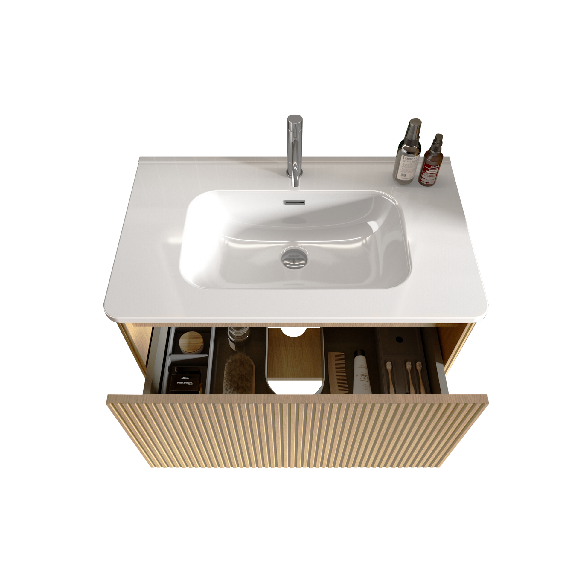 U049 Etna30W 306 Etna 30" Striped Natural Oak Bathroom Vanity With White Ceramic Sink, Wall Mounted Floating Bathroom Vanity For Modern Bathroom, One Piece White Basin Without Drain, Pre Assembled White Oak Melamine