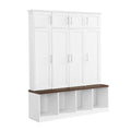 Multi Functional Hall Tree With 4 Hidden Hanging Hooks, Brown Wood Grain Bench With Multiple Storage Space, Entryway Cabinet With Open Compartments For Living Room, Hallway, White White Primary Living Space Particle Board