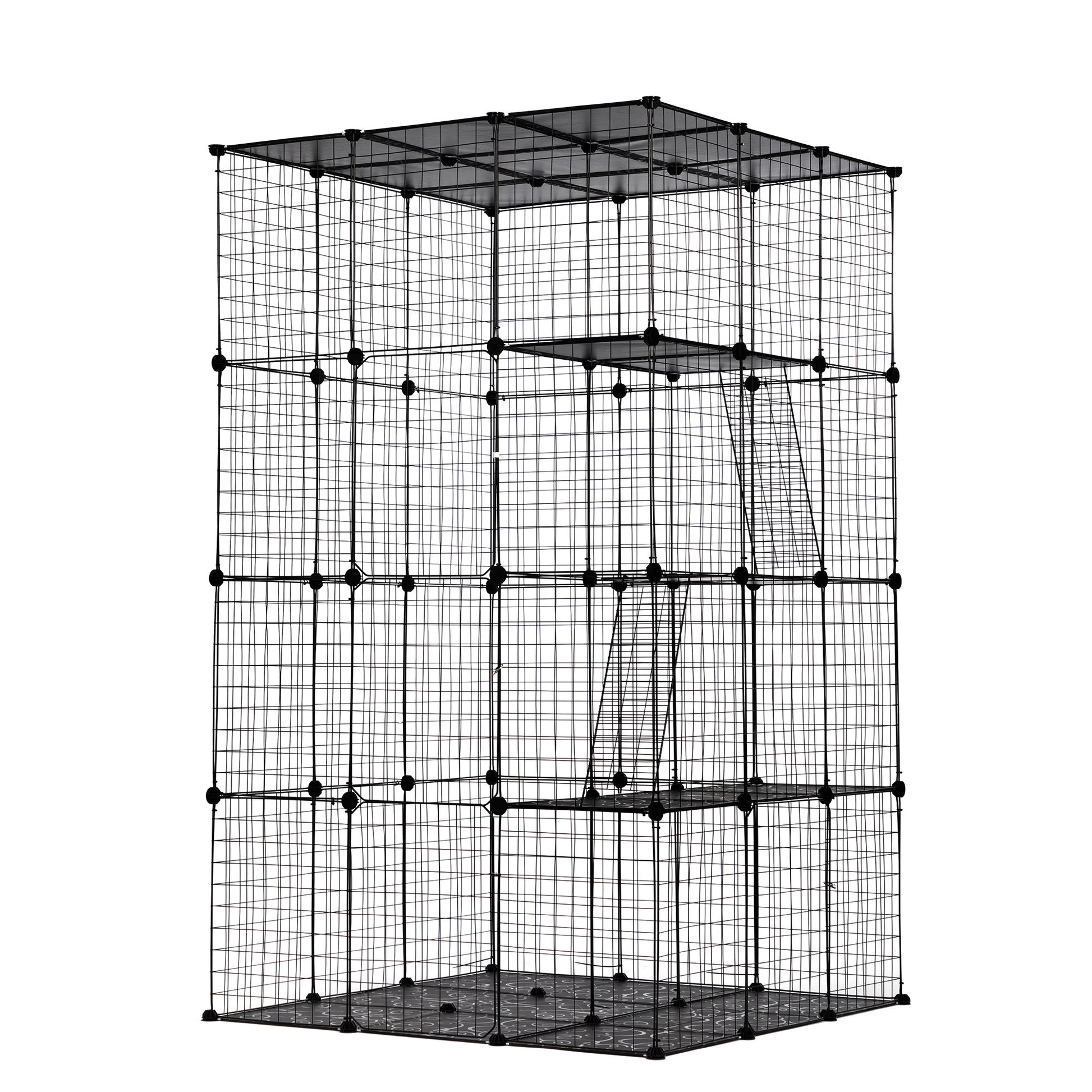 3 Tier Wire Cat Cage, Large Kennels Playpen With 3 Platforms, 3 Ramp Ladders And 4 Doors, Black Black Metal