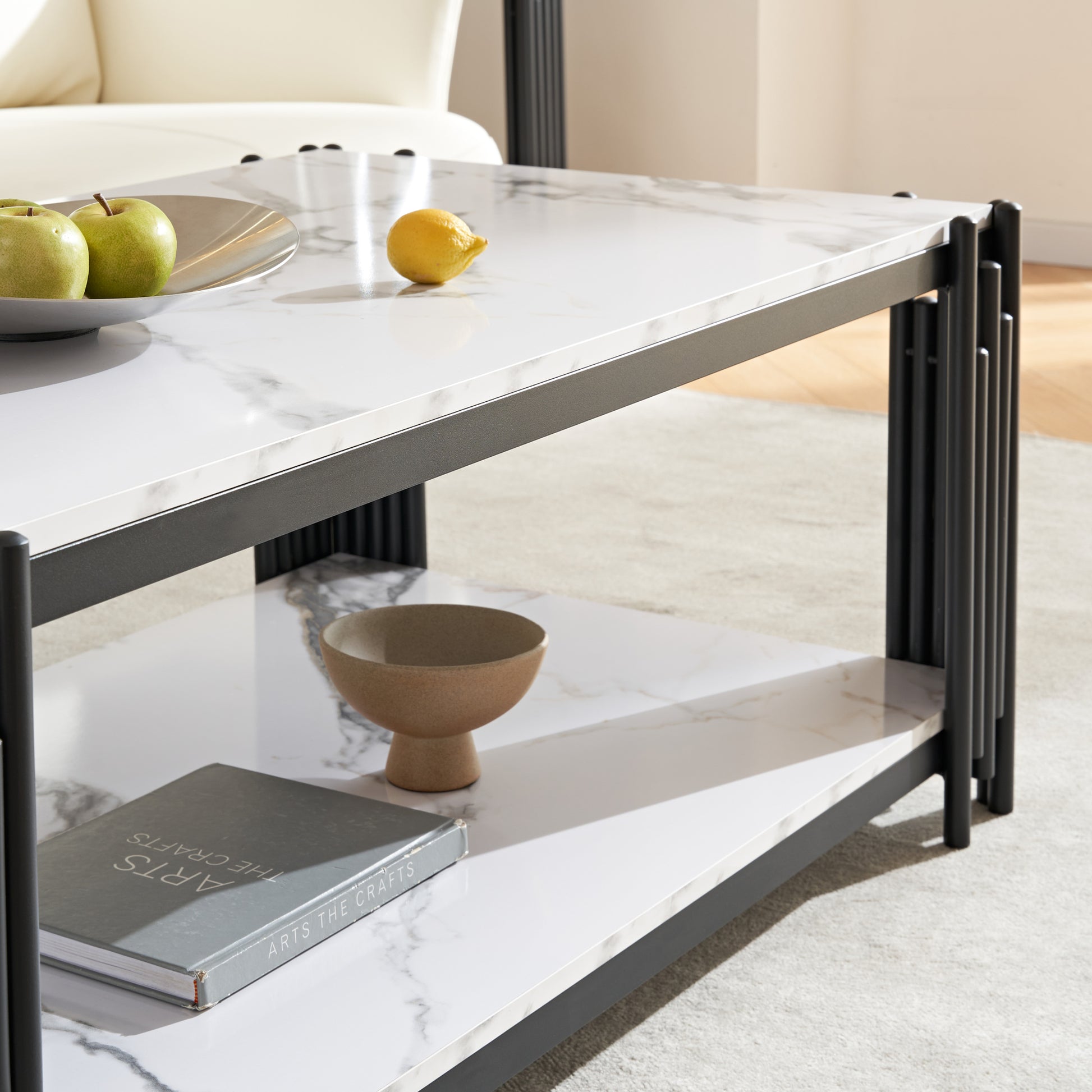 2 Tier Faux Marbling Coffee Table With Storage Shelf For Small Apartment Living Room, Modern Rectangle Wood And Stable Metal Tv Stand Side End Table, Black Black Primary Living Space Rectangular Open Storage Coffee & End Tables Mdf Metal