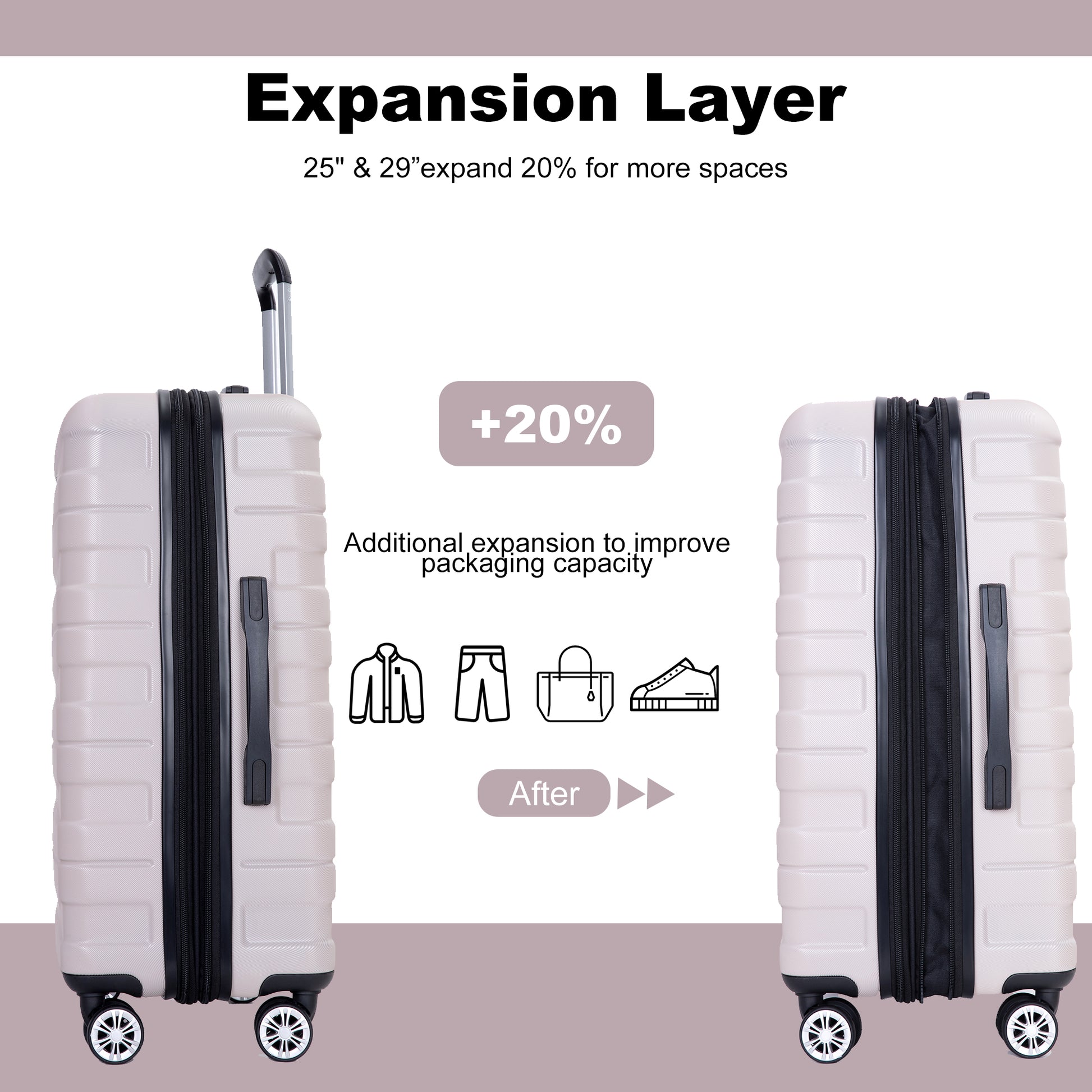 Luggage Set Of 5 Pieces, Expandable Hard Pc Luggage Set With Tsa Lock For Rotating Wheels, Lightweight Rolling Luggage For Men And Women Sand. Sand Pc