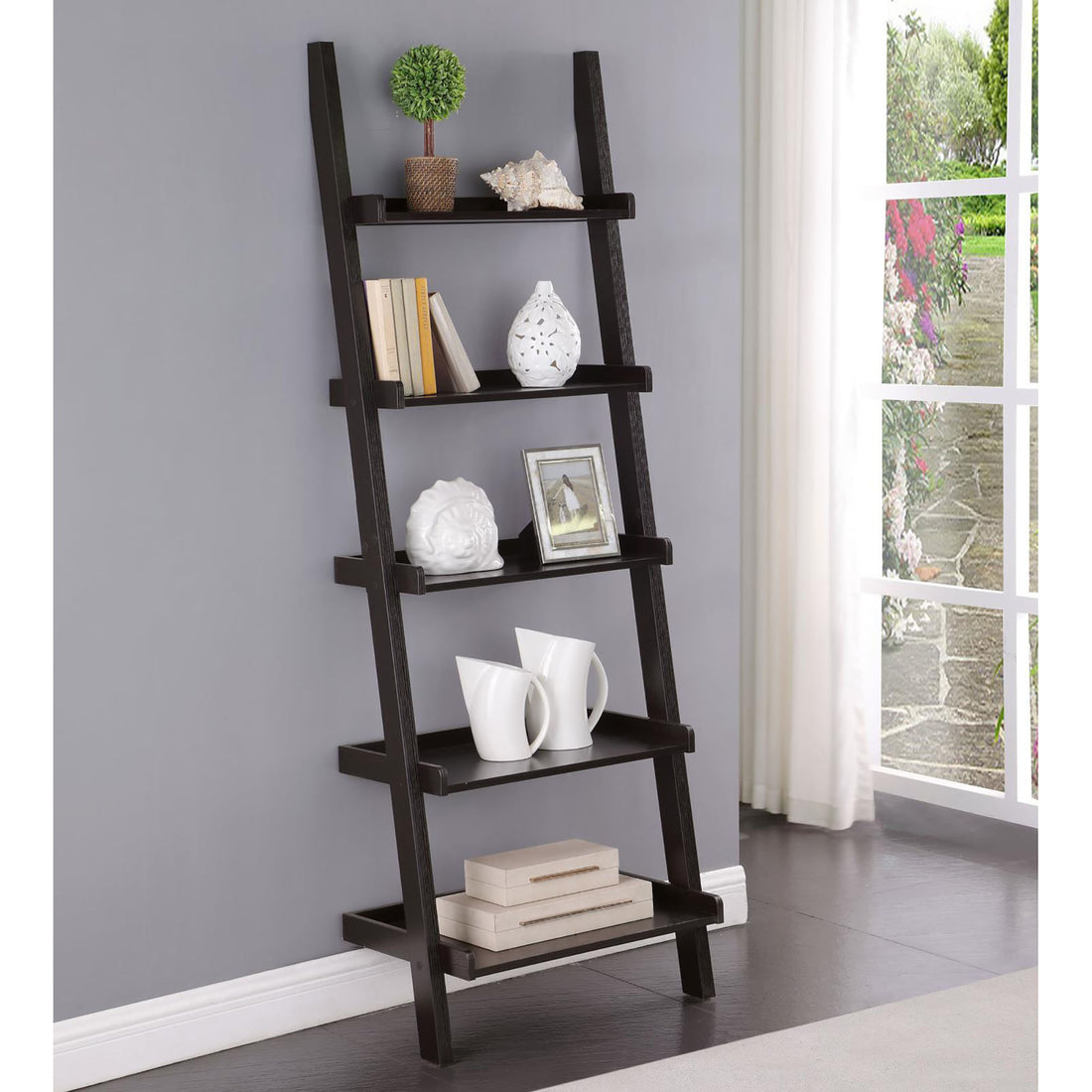 Cappuccino Ladder 5 Shelf Bookcase 5 Brown Ladder Horizontal Office Open Back Wood Contemporary,Modern Wood