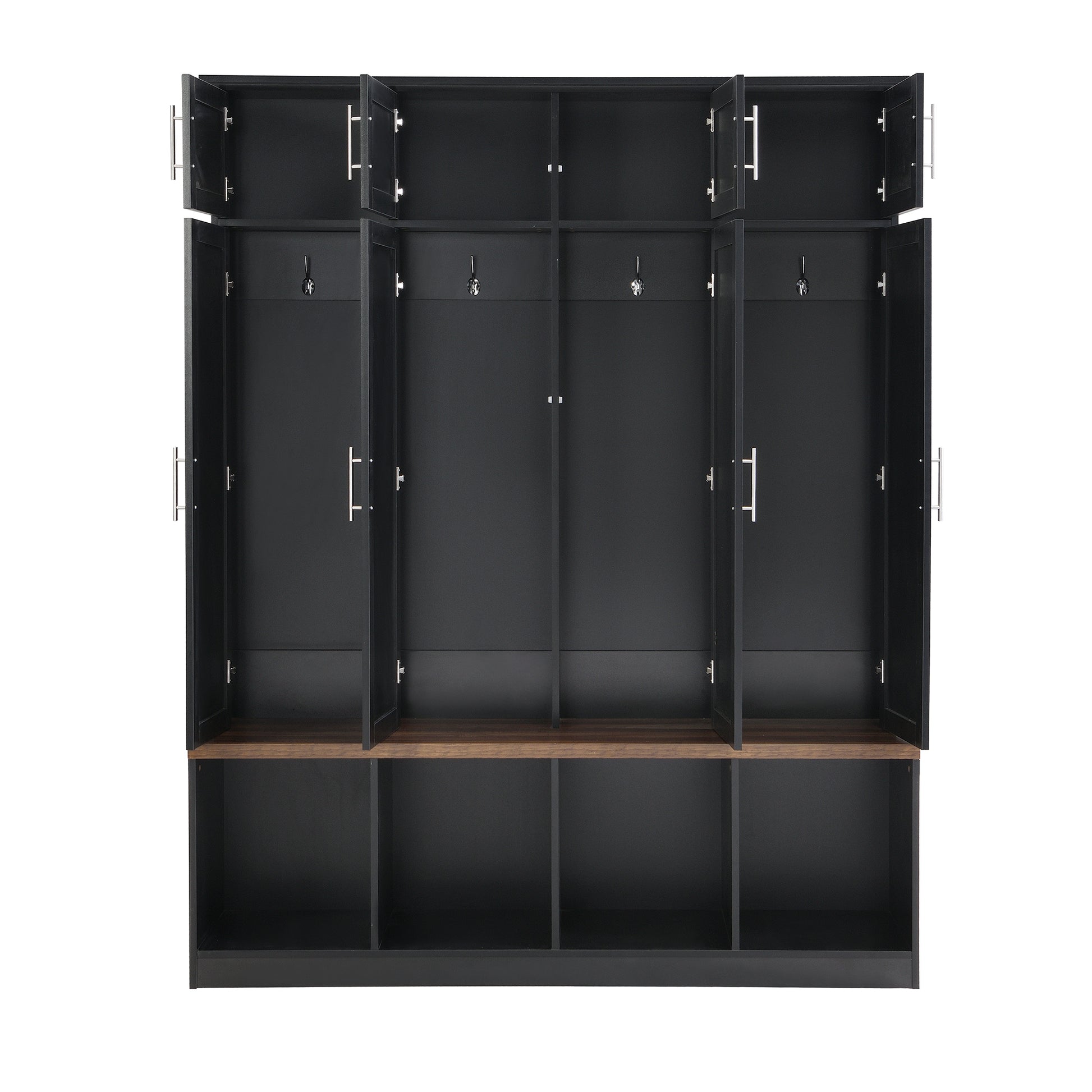 Multi Functional Hall Tree With 4 Hidden Hanging Hooks, Brown Wood Grain Bench With Multiple Storage Space, Entryway Cabinet With Open Compartments For Living Room, Hallway, Black Black Primary Living Space Particle Board