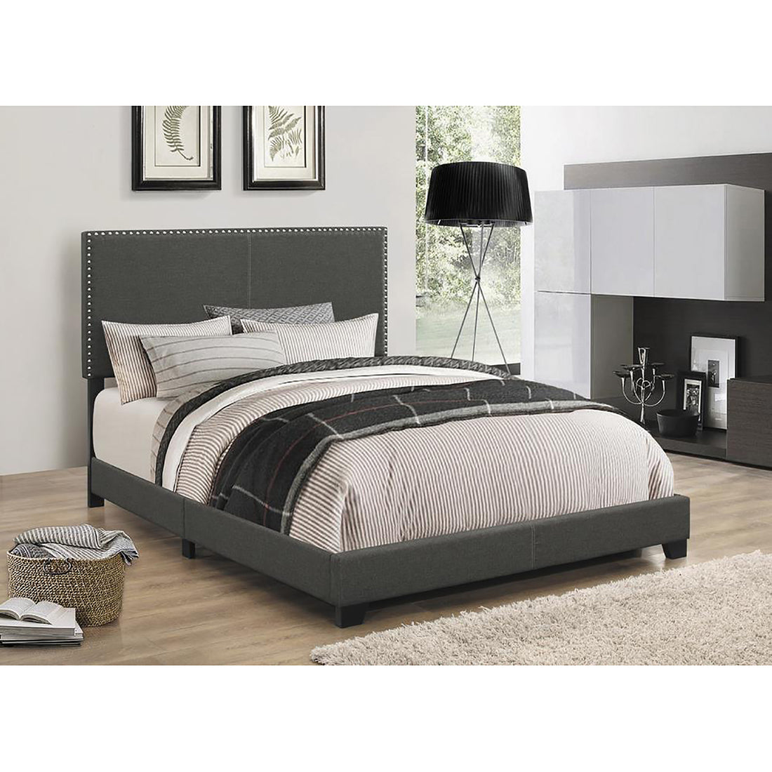 Charcoal Full Bed With Trim Box Spring Required Full Charcoal Wood Bedroom Transitional Panel Foam Upholstered