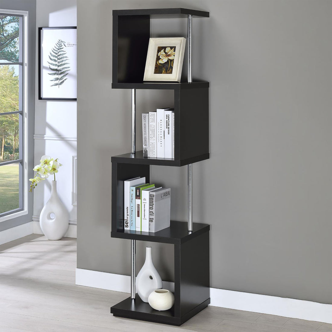 Black And Chrome 4 Tier Bookcase 4 Black Horizontal Office Open Back Wood Contemporary,Modern Wood