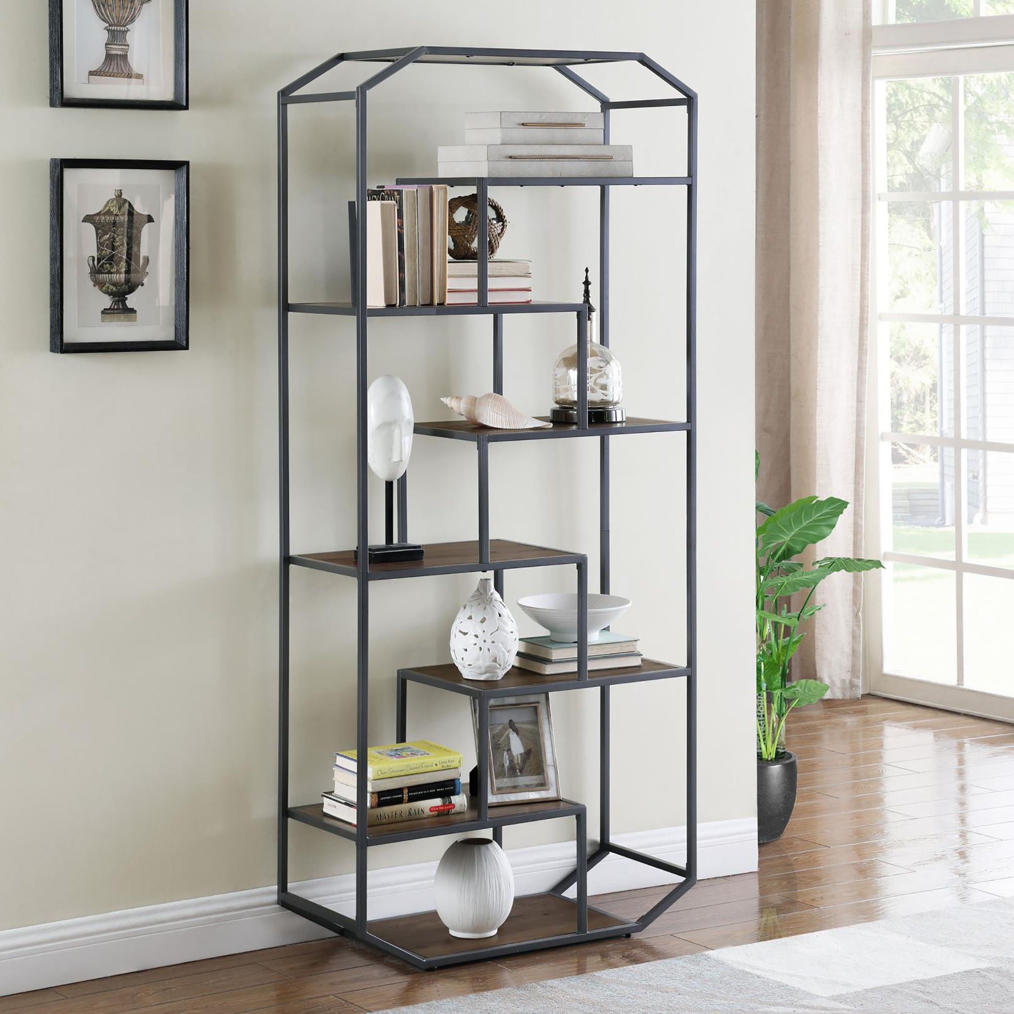 Rustic Brown And Dark Grey 6 Shelf Open Back Bookcase 6 Brown Etagere Horizontal Office Open Back Wood Farmhouse,Rustic Metal