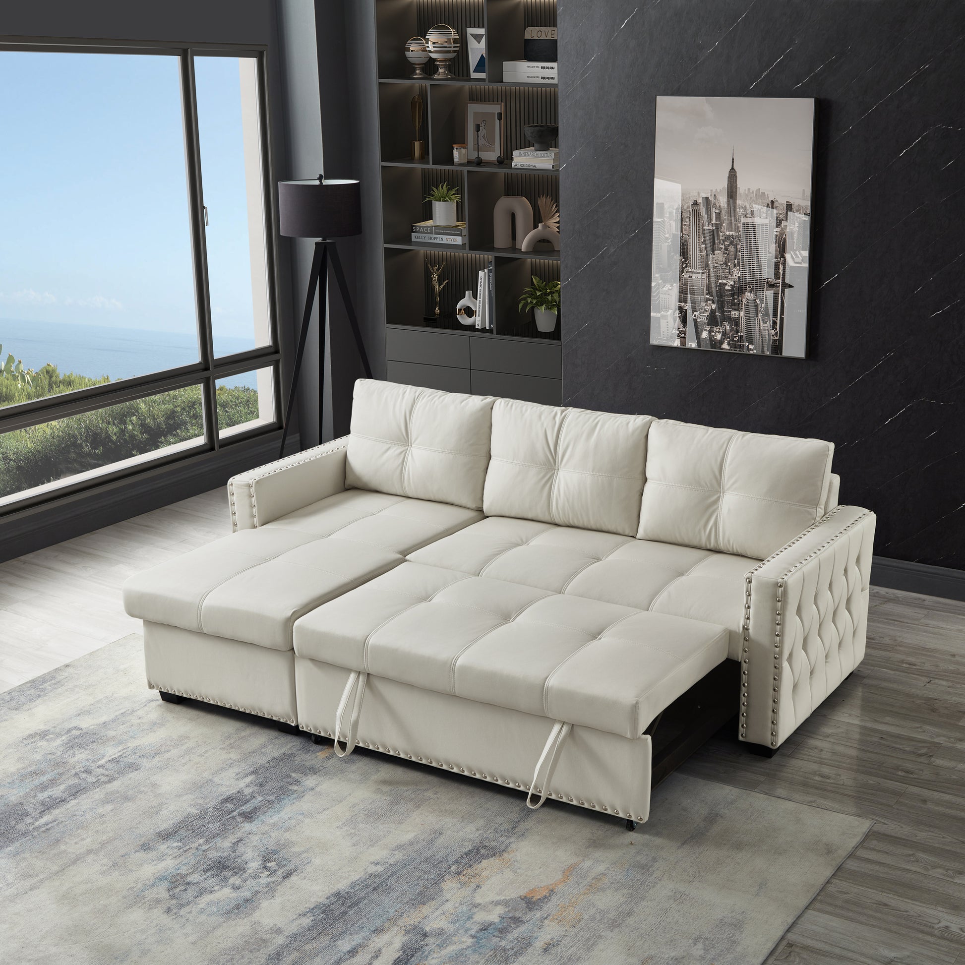 88" Convertible Pull Out Sofa Bed With Storage Chaise Sofa Bed Microfiber Fabric Upholstery Beige Beige Microfiber