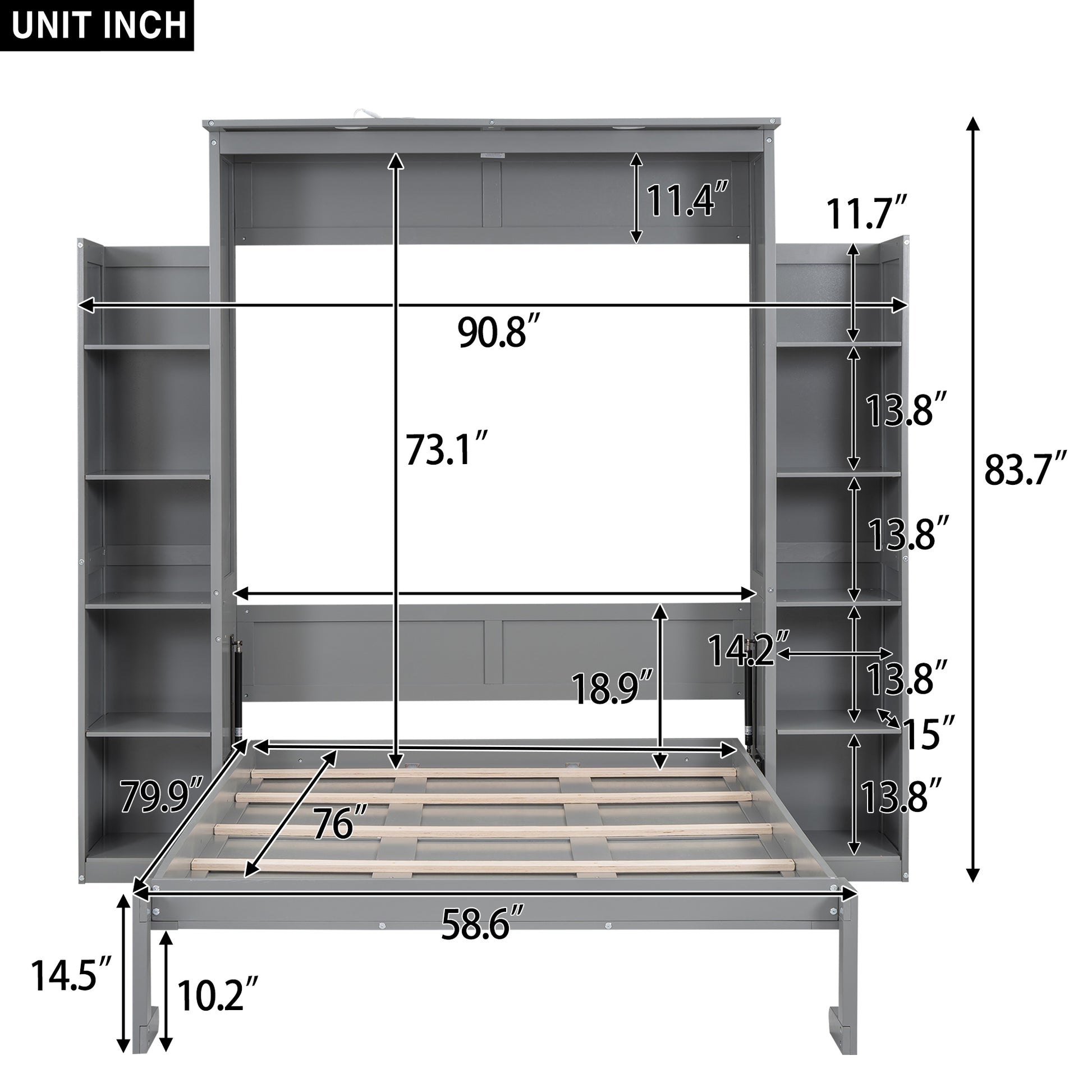 Full Size Murphy Bed Wall Bed With Shelves And Led Lights,Gray Gray Solid Wood Mdf