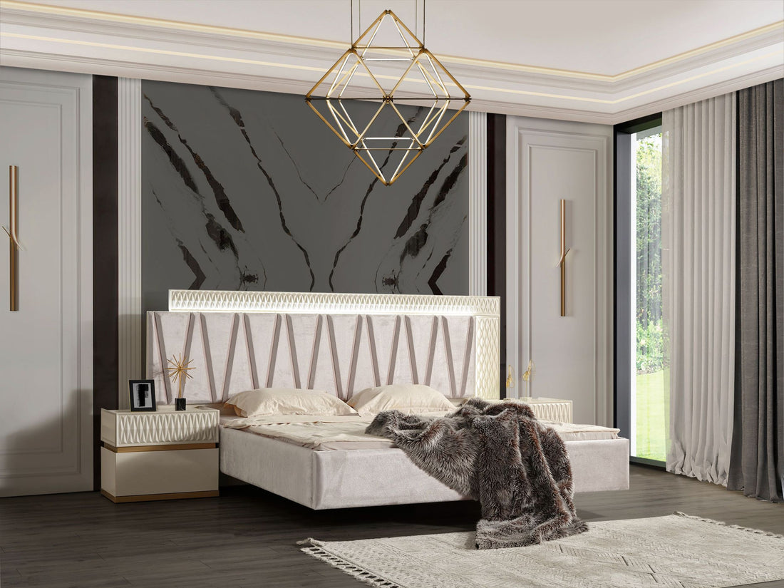 Delfano Modern Style Queen Bed Made With Wood In Beige Box Spring Not Required Queen Beige Wood Bedroom Contemporary,Modern Bed Frame Solid Wood Mdf Velvet Wood