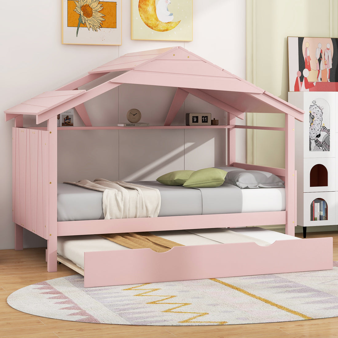 Wood Twin Size House Bed With Trundle And Storage, Pink Box Spring Not Required Twin Pink Wood Bedroom Bed Frame Solid Wood Mdf