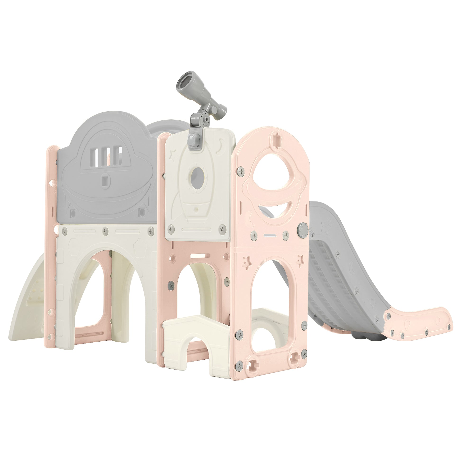 Kids Slide Playset Structure 7 In 1, Freestanding Space Set With Slide, Arch Tunnel, Ring Toss And Basketball Hoop, Toy Storage Organizer For Toddlers, Kids Climbers Playground Pink Grey Hdpe