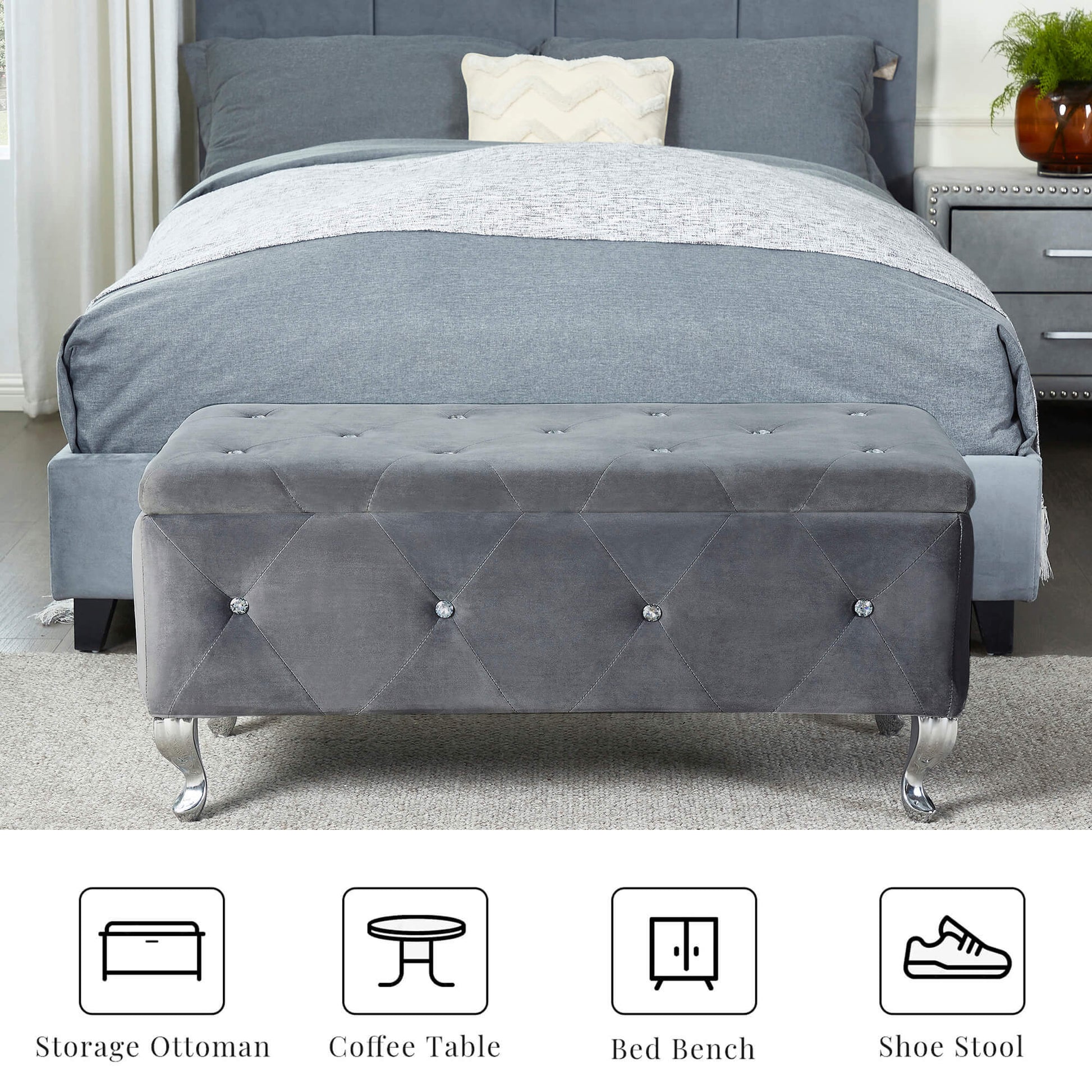 Tufted Storage Ottoman Bench For Bedroom End Of Bed Large Upholstered Storage Benches Footrest With Crystal Buttons For Living Room Entryway Grey Tufted White Bedroom Grey Pine Wood Gray Vanity Stools Velvet Solid American