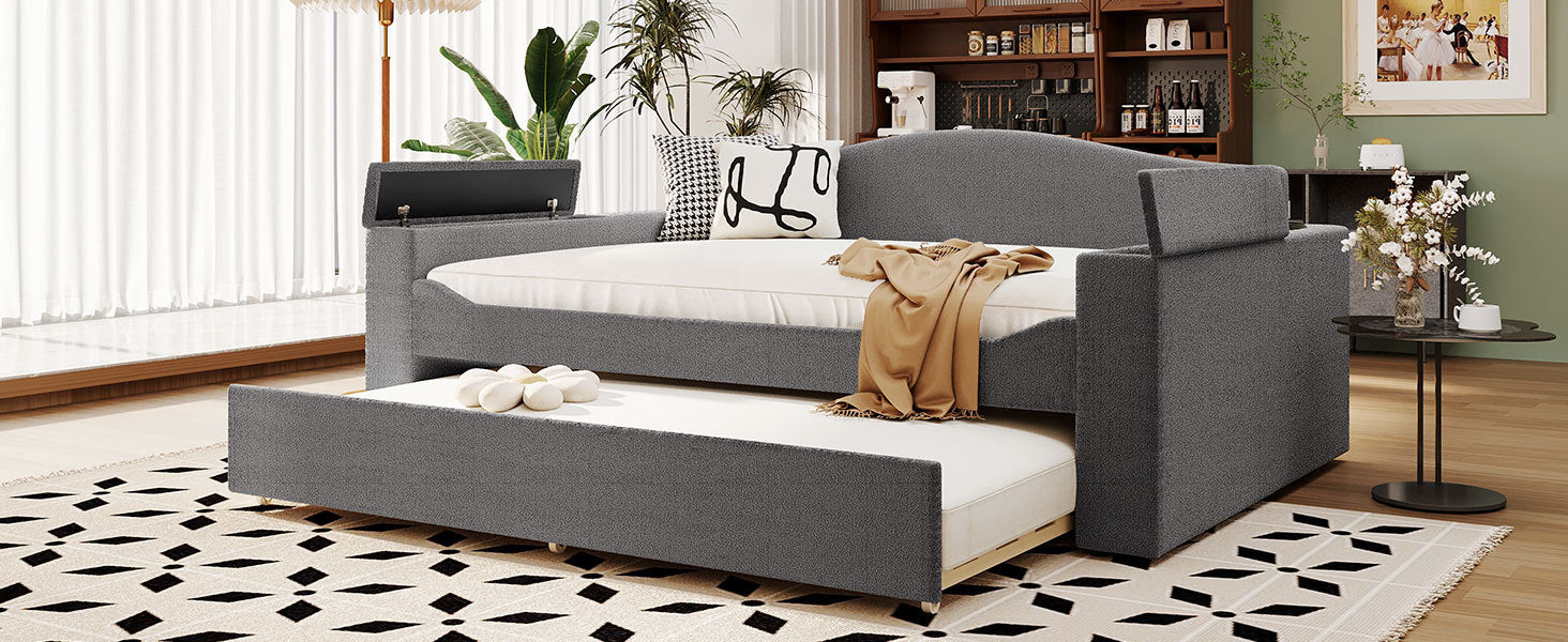 Full Size Upholstered Daybed With Storage Armrests, Trundle And Latest Integrated Bluetooth Audio System, Teddy Fleece, Gray Gray Fleece