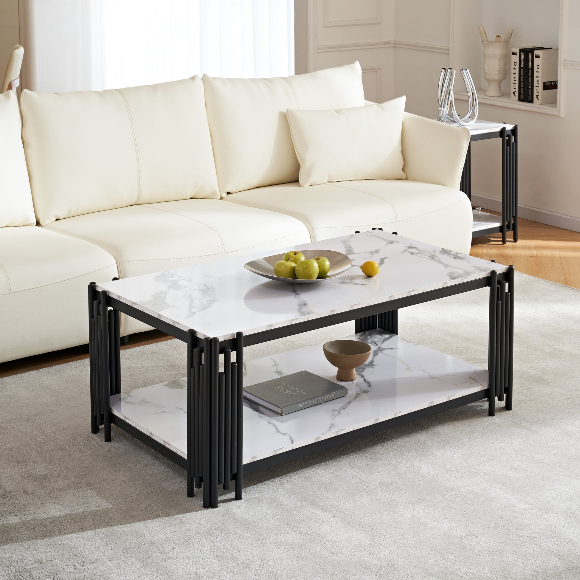 2 Tier Faux Marbling Coffee Table With Storage Shelf For Small Apartment Living Room, Modern Rectangle Wood And Stable Metal Tv Stand Side End Table, Black Black Primary Living Space Rectangular Open Storage Coffee & End Tables Mdf Metal