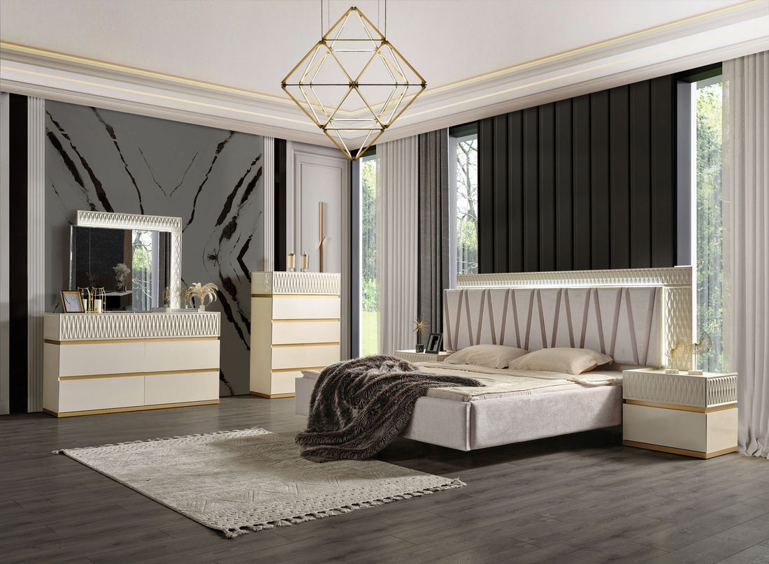 Delfano Modern Style 5 Pc Queen Bedroom Set Made With Wood In Beige Box Spring Not Required Queen Beige Wood 5 Piece Set Bedroom Bed Included,Chest Included,Dresser Included,Mirror Included,Nightstand Included Contemporary,Modern Solid Wood Mdf Velvet