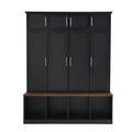 Multi Functional Hall Tree With 4 Hidden Hanging Hooks, Brown Wood Grain Bench With Multiple Storage Space, Entryway Cabinet With Open Compartments For Living Room, Hallway, Black Black Primary Living Space Particle Board