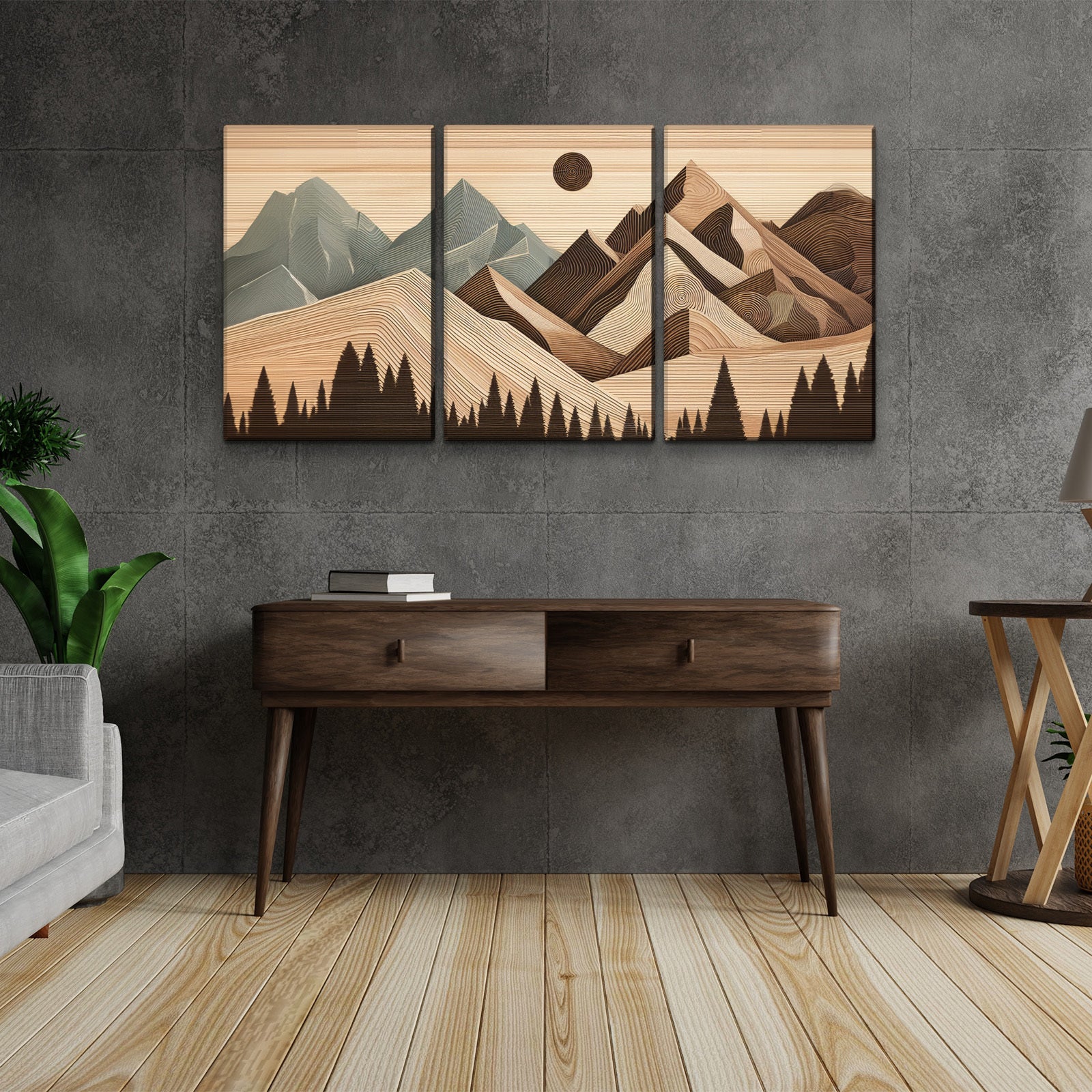 3 Panels Framed Abstract Wood Grain Boho Style Mountain & Forest Canvas Wall Art Decor,3 Pieces Mordern Canvas Decoration Painting For Office,Dining Room,Living Room, Bedroom Decor Ready To Hang Rectangle Framed Multicolor Oversized 41In Canvas Nature