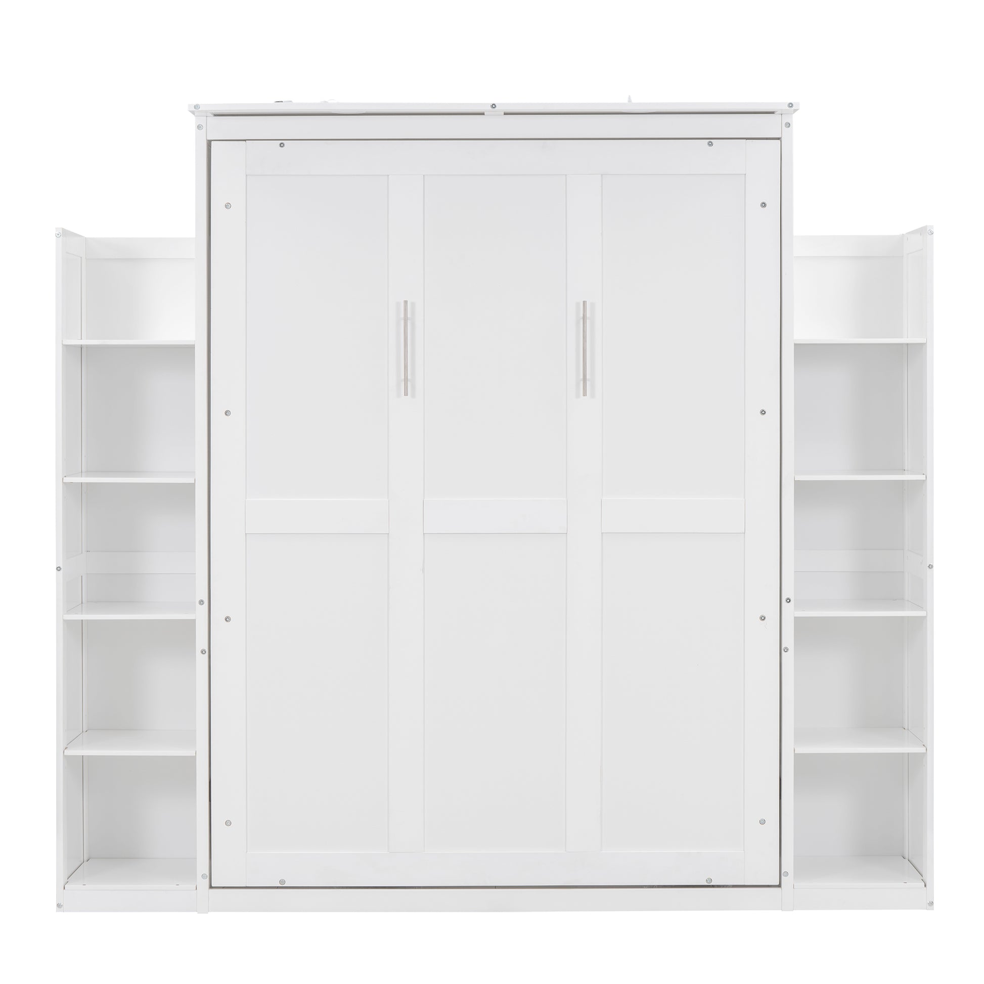 Full Size Murphy Bed Wall Bed With Shelves And Led Lights,White White Solid Wood Mdf