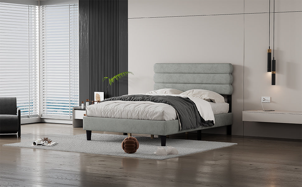 Full Bed Frame With Headboard,Sturdy Platform Bed With Wooden Slats Support,No Box Spring,Mattress Foundation,Easy Assembly Light Gray Wood