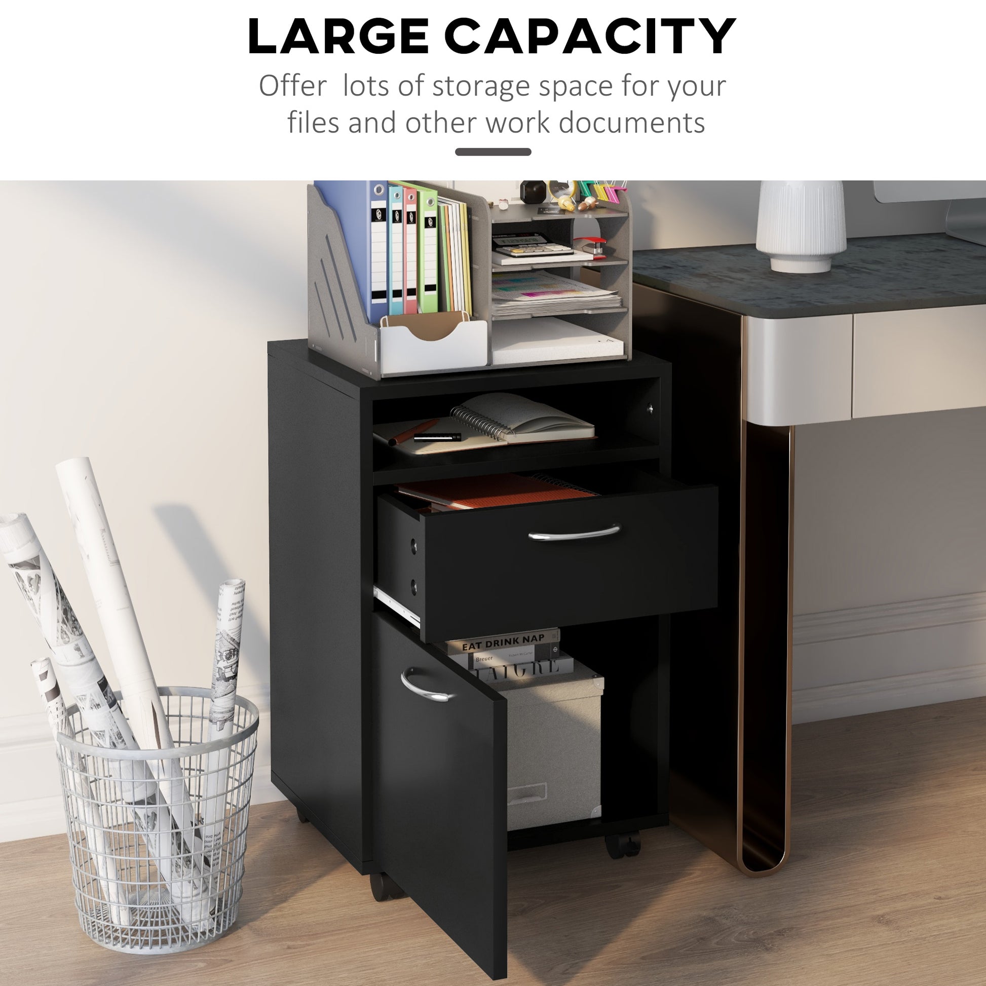 Mobile Storage Cabinet Organizer With Drawer And Cabinet, Printer Stand With Castors, Black Black Mdf