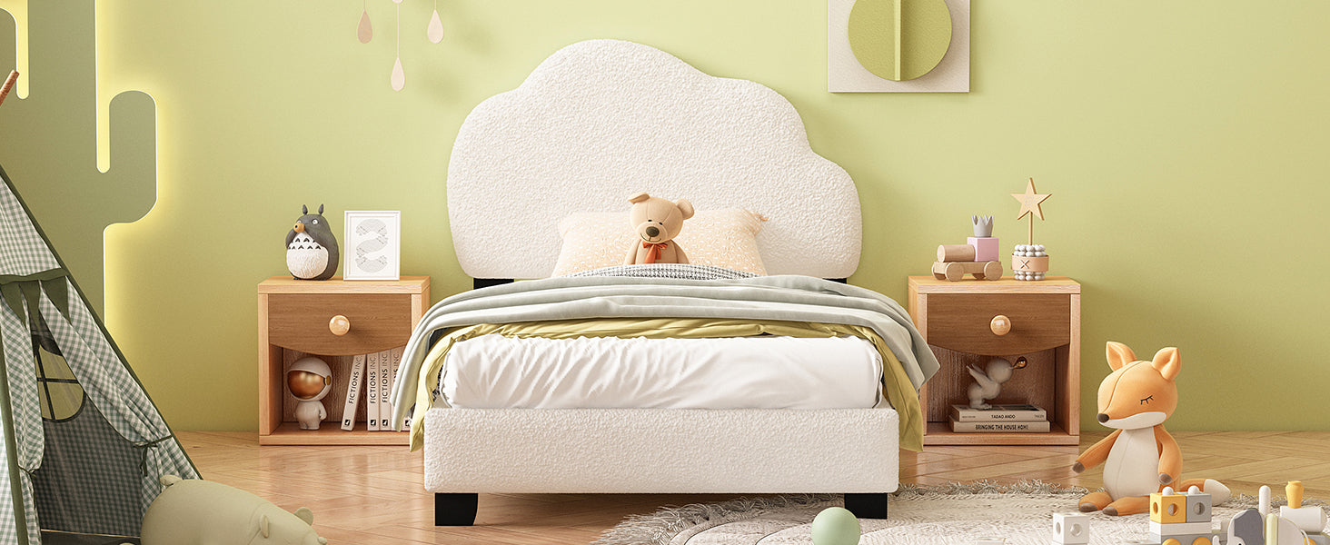 Twin Size Upholstered Boucle Fabric Platform Bed With Cloud Shaped Headboard White Upholstered