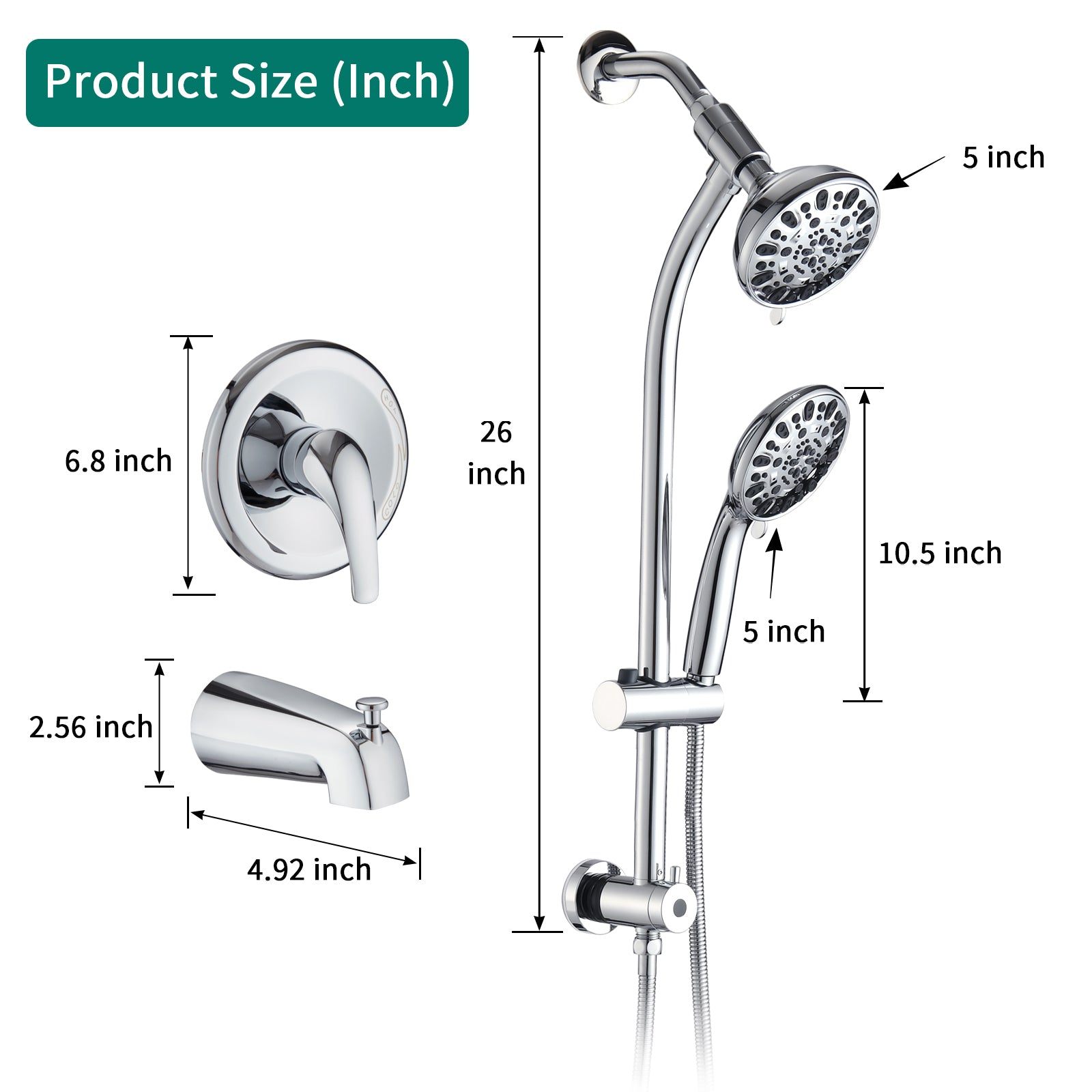 Drill Free Stainless Steel Slide Bar Combo Rain Showerhead 7 Setting Hand, Dual Shower Head Spa System With Tup Spout Rough In Valve Included Chrome Abs