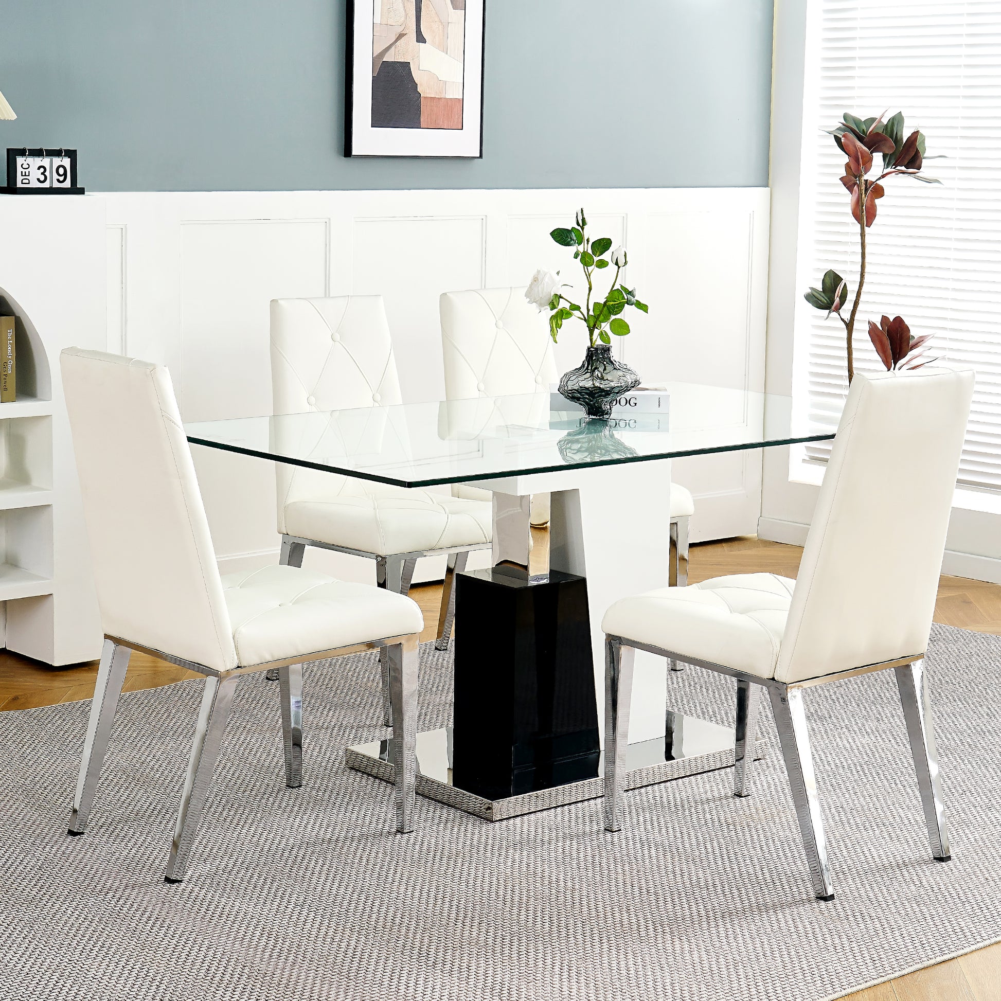 Modern Style Glass Table, Elegant Transparent Design, Durable Support Base, Solid, Selected Materials Made Of Furniture Display Fashion, Suitable For The Living Room Set Of 5 White Silver Seats 4 Mdf Glass