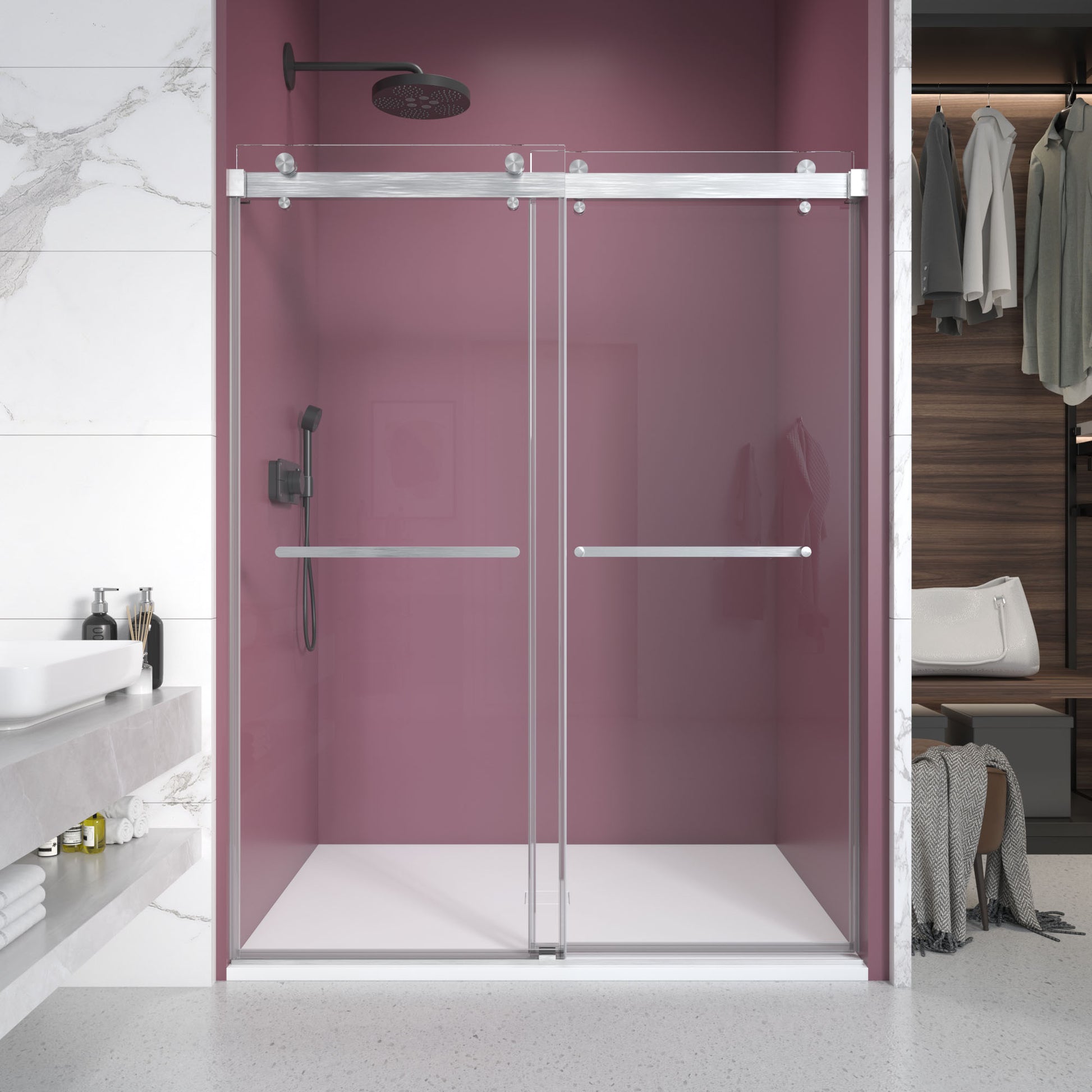44'' 48'' W X 76'' H Double Sliding Frameless Shower Door With 3 8 Inch 10Mm Clear Glass In Brushed Nickel Brushed Nickel Stainless Steel