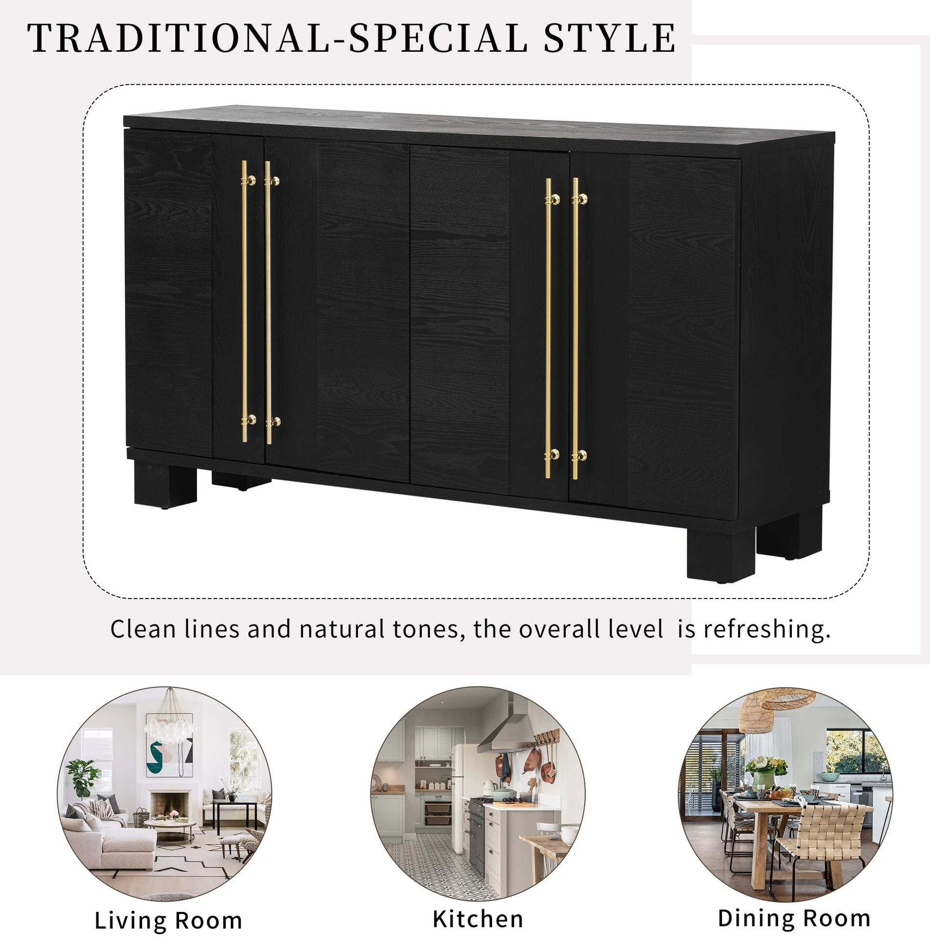 Wood Traditional Style Sideboard With Adjustable Shelves And Gold Handles For Kitchen, Dining Room And Living Room Black Black Mdf