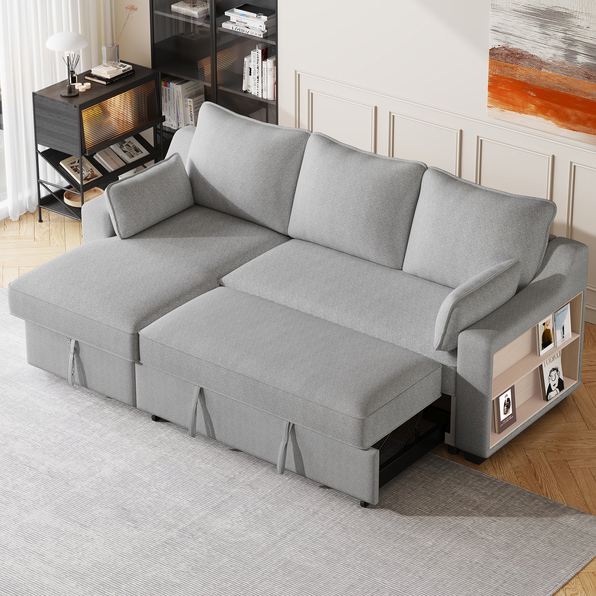 90" Pull Out Sleeper Sofa L Shaped Couch Convertible Sofa Bed With Storage Chaise, Storage Racks And Usb Ports, Light Grey Light Grey Foam Polyester 3 Seat