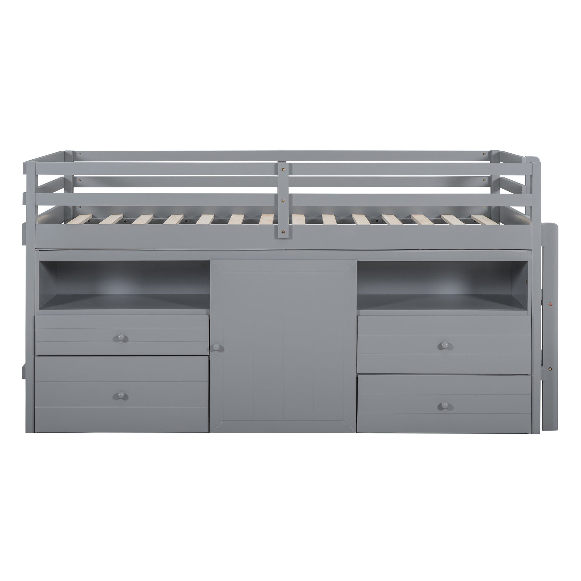 Twin Size Loft Bed With 4 Drawers, Underneath Cabinet And Shelves, Gray Gray Solid Wood Mdf