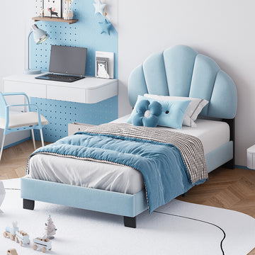 Twin Size Upholstered Velvet Platform Bed With Shell Shaped Headboard, Blue Blue Upholstered