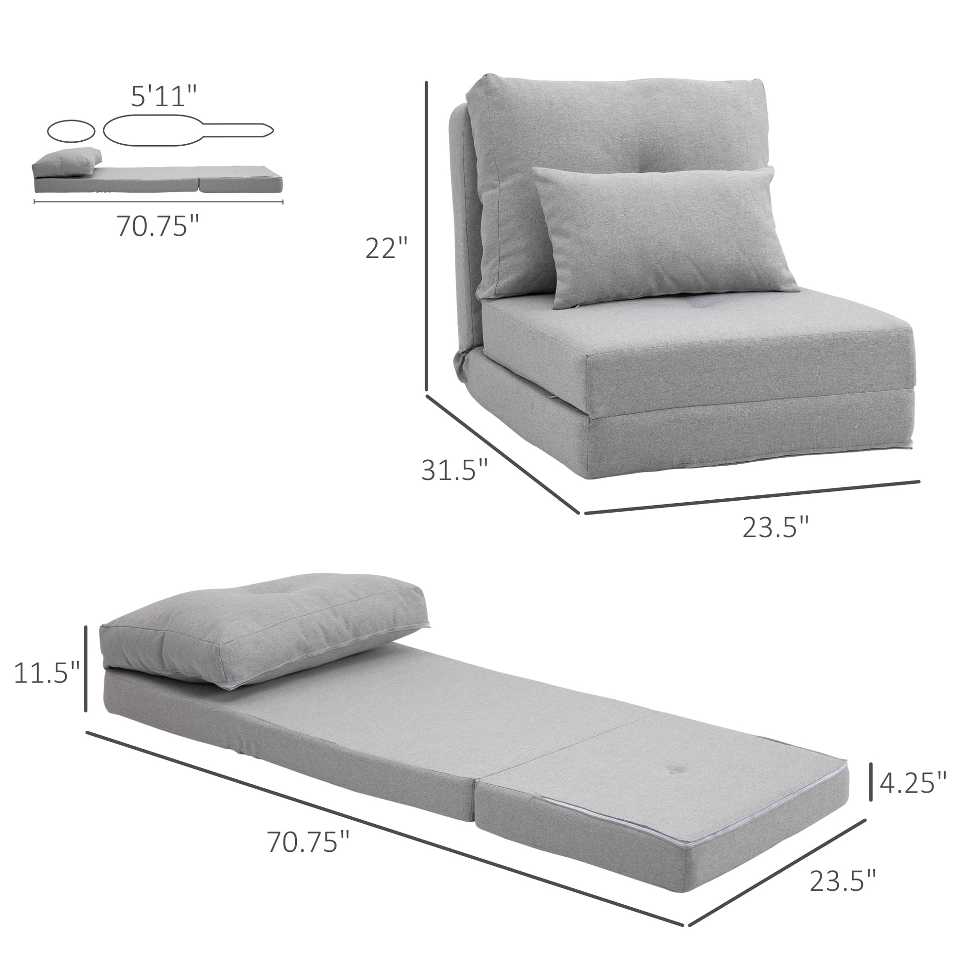 Convertible Flip Chair, Floor Lazy Sofa, Folding Upholstered Couch Bed With Adjustable Backrest, Metal Frame And Pillows For Living Room Bedroom, Light Grey Gray Linen