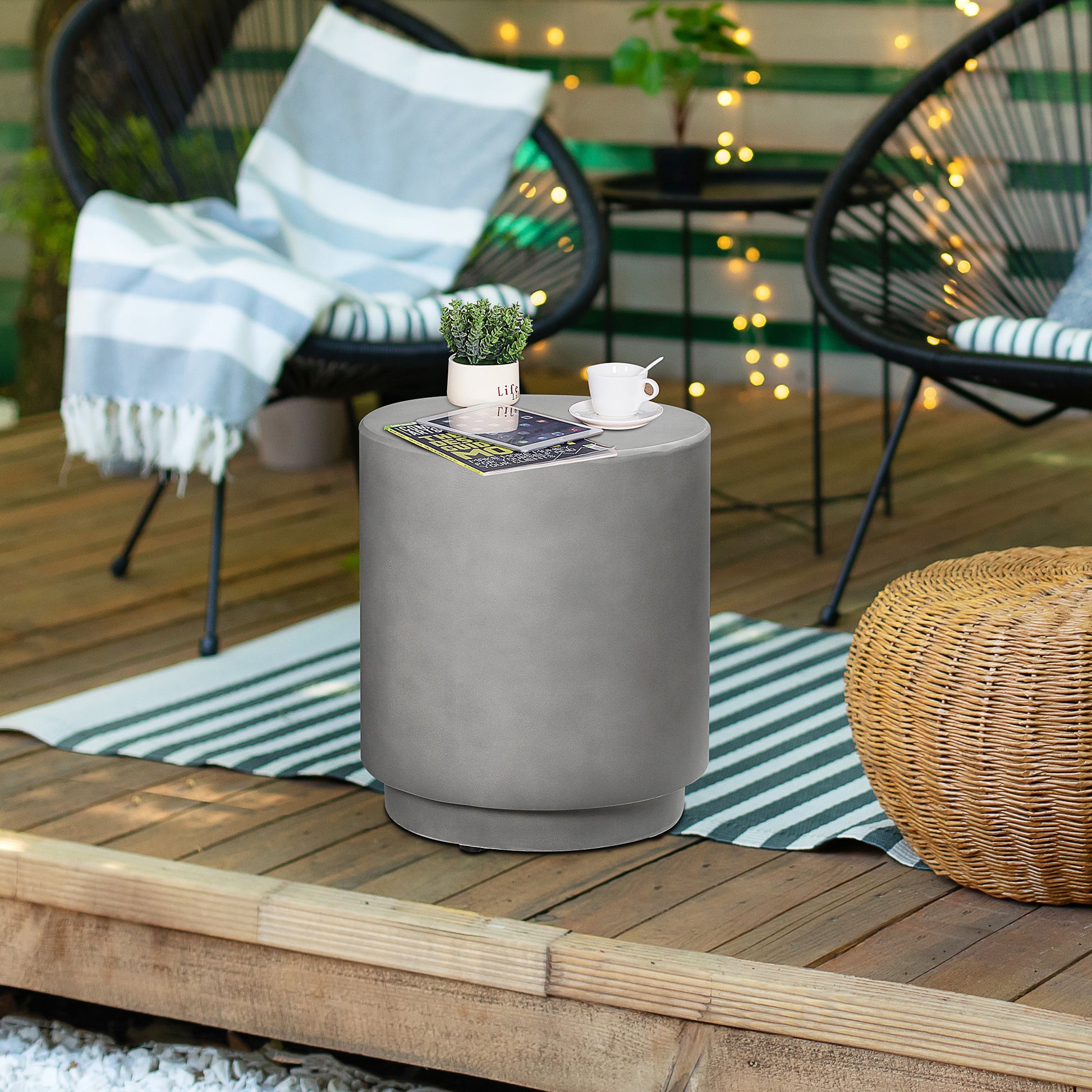 Round Side Table, Lightweight Accent Table With Concrete Finish, Nightstand With 4 Adjustable Feet For Indoor, Outdoor, Light Grey Gray Concrete