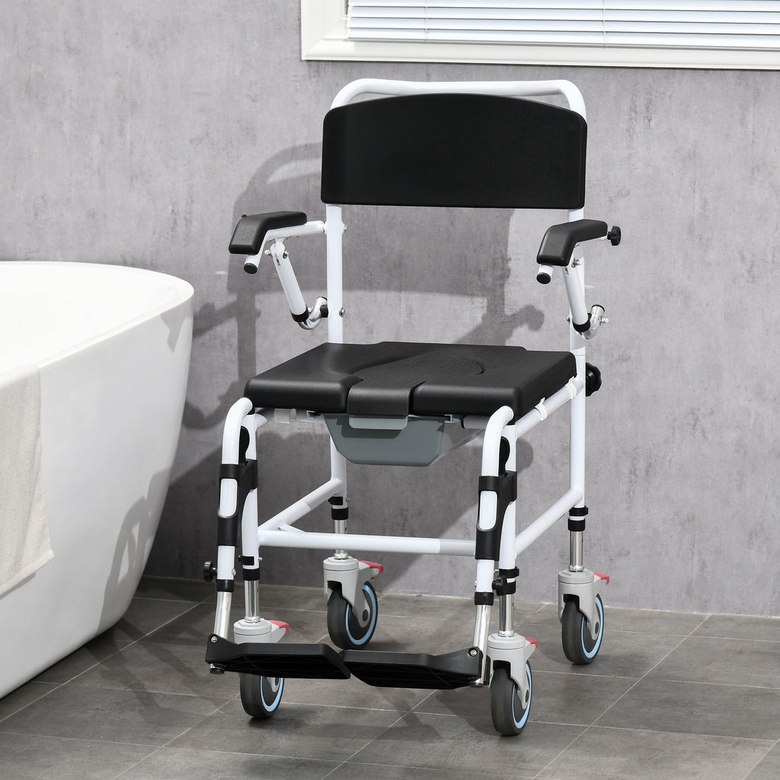 Accessibility Commode Wheelchair, Rolling Shower Wheelchair With 4 Castor Wheels, Rectangle Detachable Bucket, & Waterproof Design, 17" Seat Width, Black Black Pu Leather