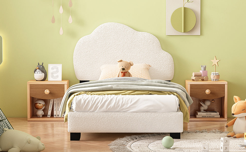 Twin Size Upholstered Boucle Fabric Platform Bed With Cloud Shaped Headboard White Upholstered