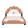 Full Size Upholstered Leather Platform Bed With Lion Shaped Headboard, Brown Brown Upholstered