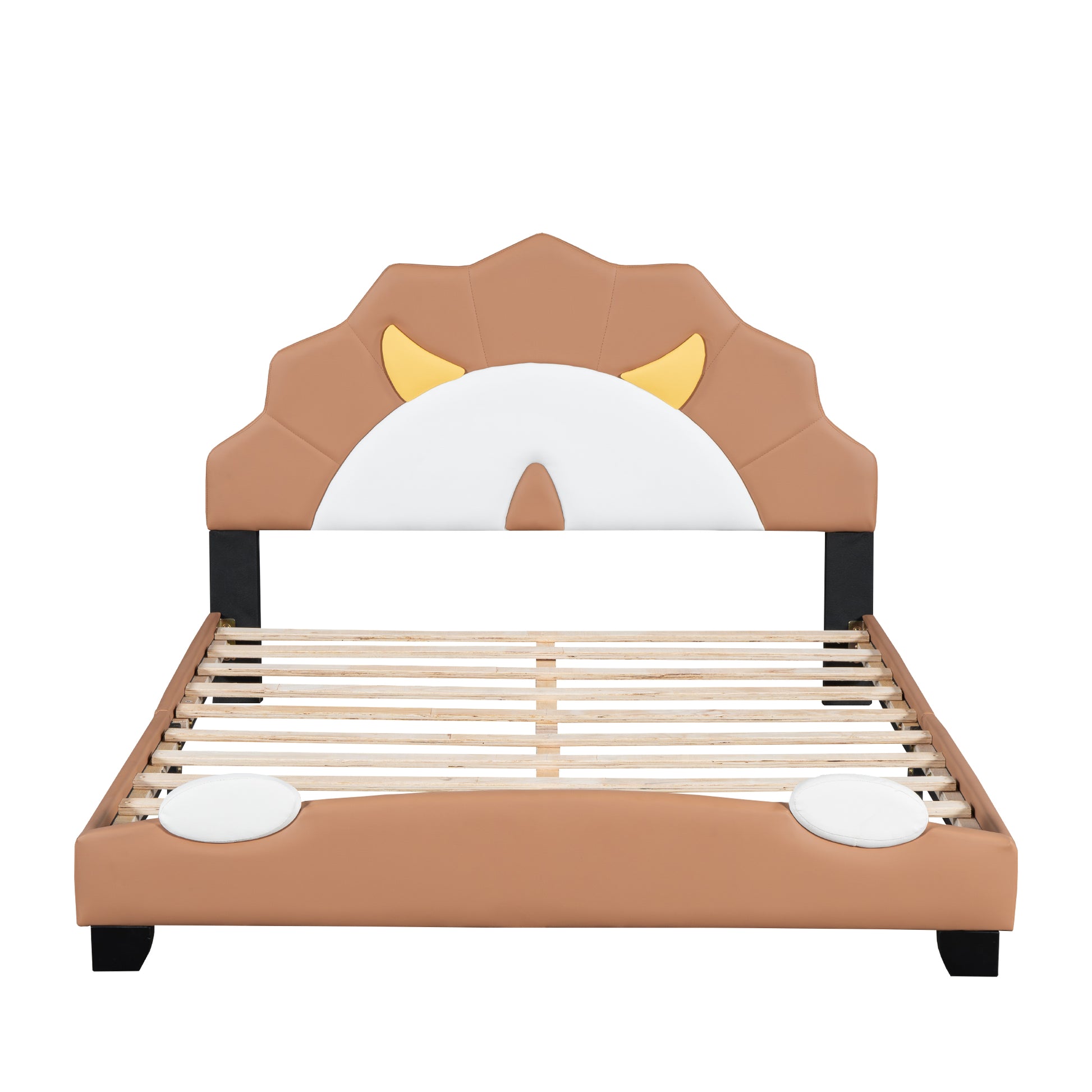 Full Size Upholstered Leather Platform Bed With Lion Shaped Headboard, Brown Brown Upholstered
