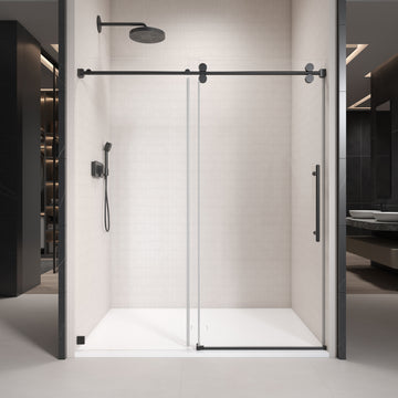 68'' 72'' W X 76'' H Single Sliding Frameless Shower Door With 3 8 Inch 10Mm Clear Glass In Matte Black Matte Black Stainless Steel