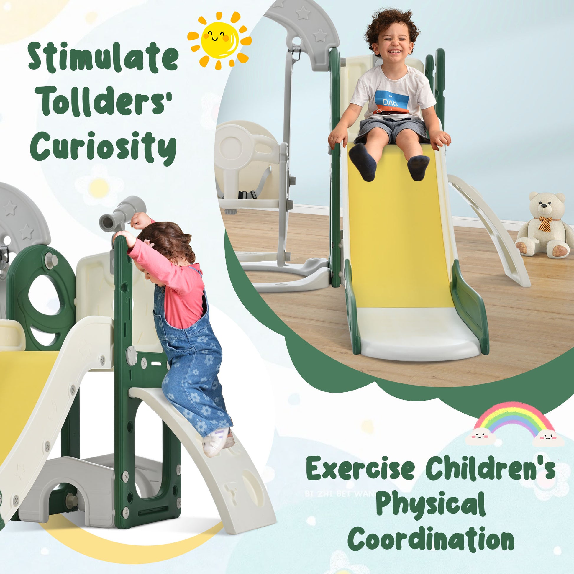 Toddler Slide And Swing Set 5 In 1, Kids Playground Climber Slide Playset With Telescope, Freestanding Combination For Babies Indoor & Outdoor Yellow Hdpe