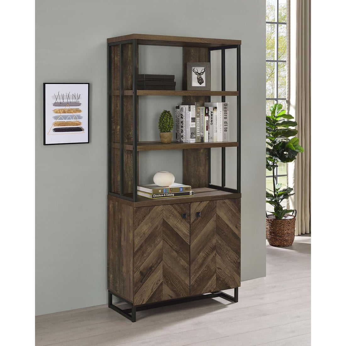 Rustic Oak Herringbone 2 Door Bookcase 3 Brown Standard Horizontal Office Open Back Wood Rustic With Doors Wood