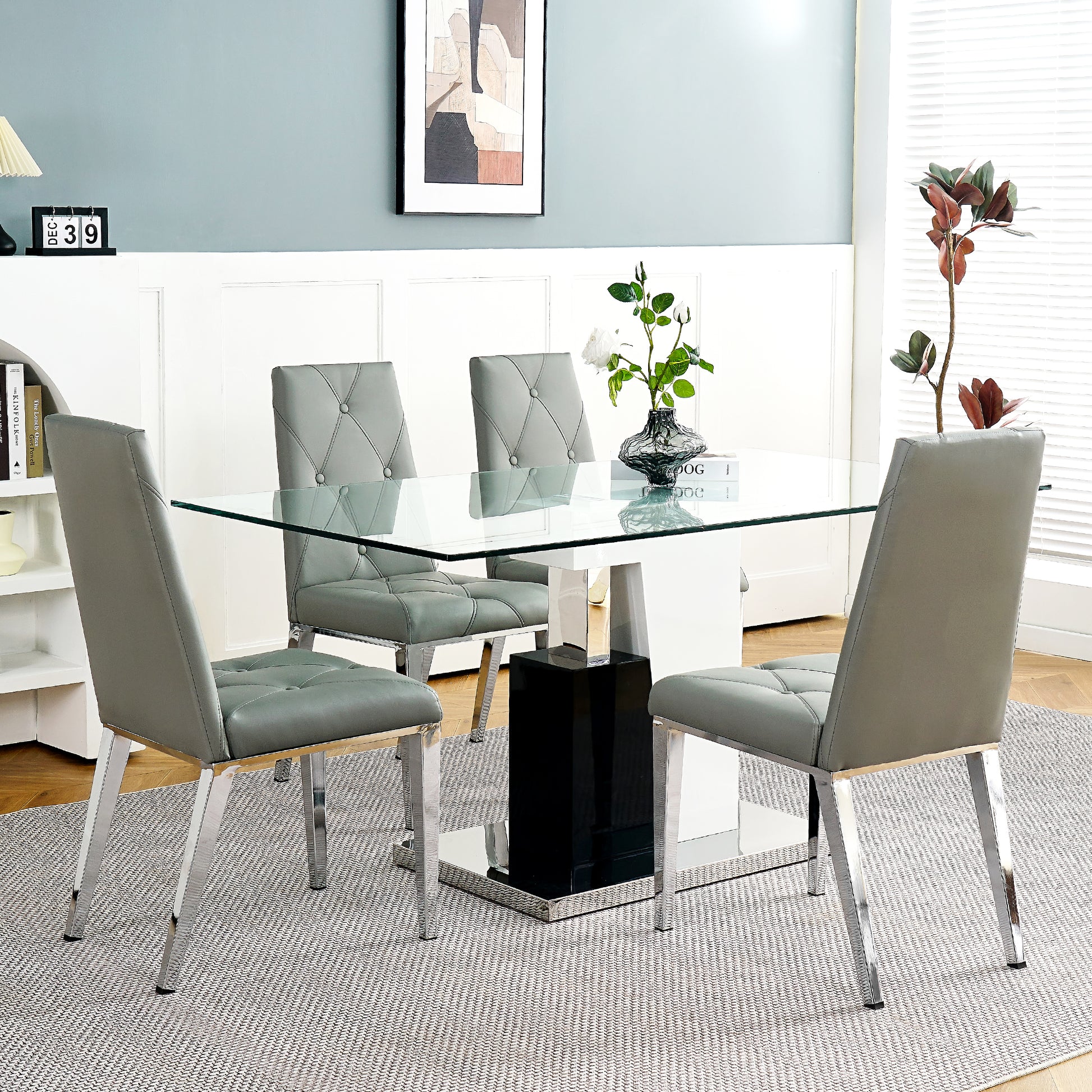 Modern Style Glass Table, Elegant Transparent Design, Durable Support Base, Solid, Selected Materials Made Of Furniture Display Fashion, Suitable For The Living Room Set Of 5 Grey Silver Seats 4 Mdf Glass