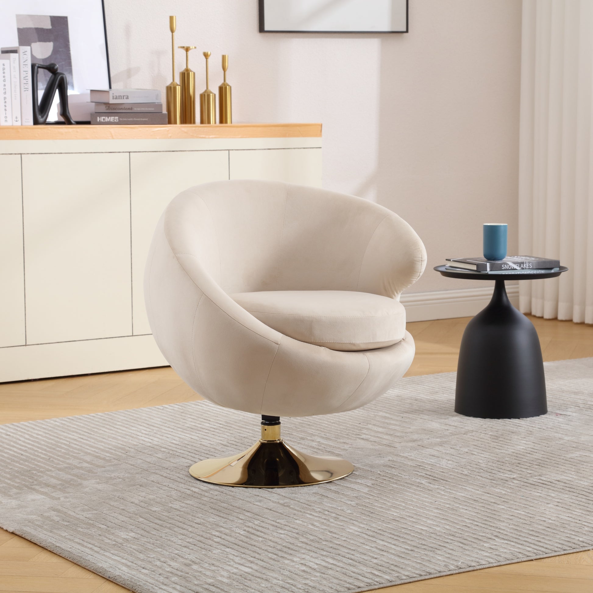 360 Degree Swivel Cuddle Barrel Accent Chairs, Round Armchairs With Wide Upholstered, Fluffy Fabric Chair For Living Room, Bedroom, Office, Waiting Rooms Beige Velvet
