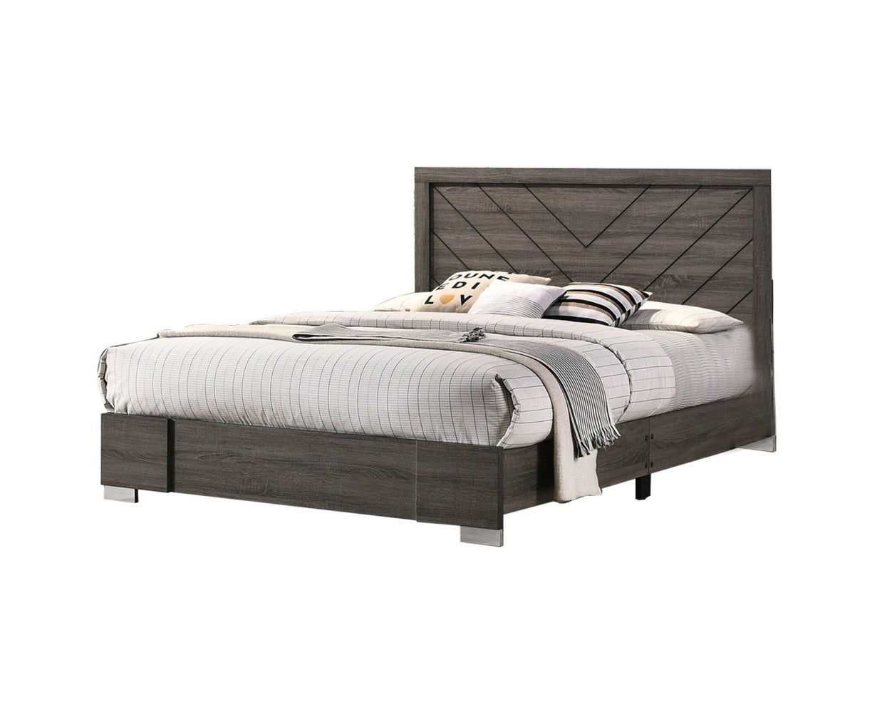 Contemporary Grey Finish Unique Queen Size Bed 1Pc Bedroom Furniture Unique Lines Headboard Wooden Box Spring Not Required Queen Gray Wood Bedroom Classic,Contemporary,Modern Bed Frame Solid Wood Mdf