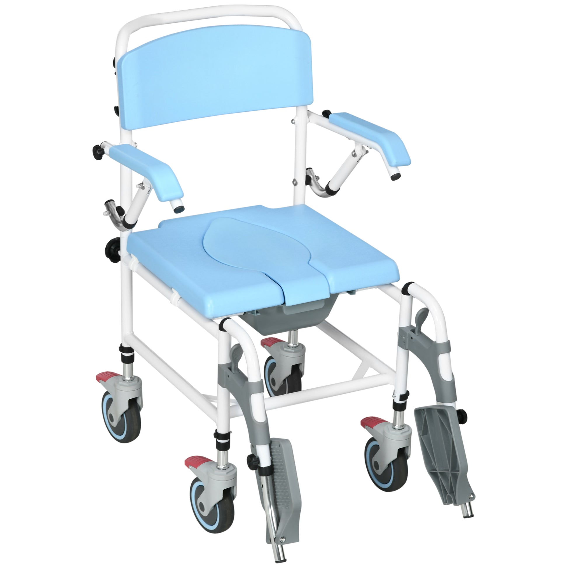 Accessibility Commode Wheelchair, Rolling Shower Wheelchair With 4 Castor Wheels, Rectangle Detachable Bucket, & Waterproof Design, 17" Seat Width, Blue Blue Pu Leather