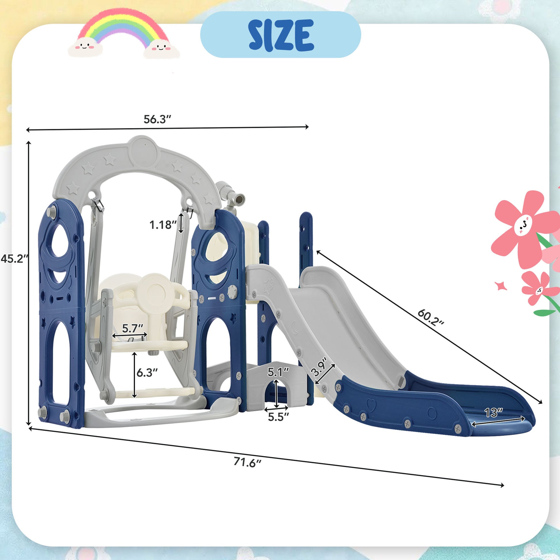 Toddler Slide And Swing Set 5 In 1, Kids Playground Climber Slide Playset With Telescope, Freestanding Combination For Babies Indoor & Outdoor Grey Blue Hdpe