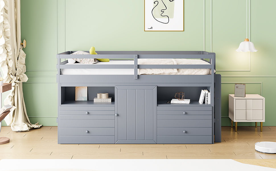 Twin Size Loft Bed With 4 Drawers, Underneath Cabinet And Shelves, Gray Gray Solid Wood Mdf