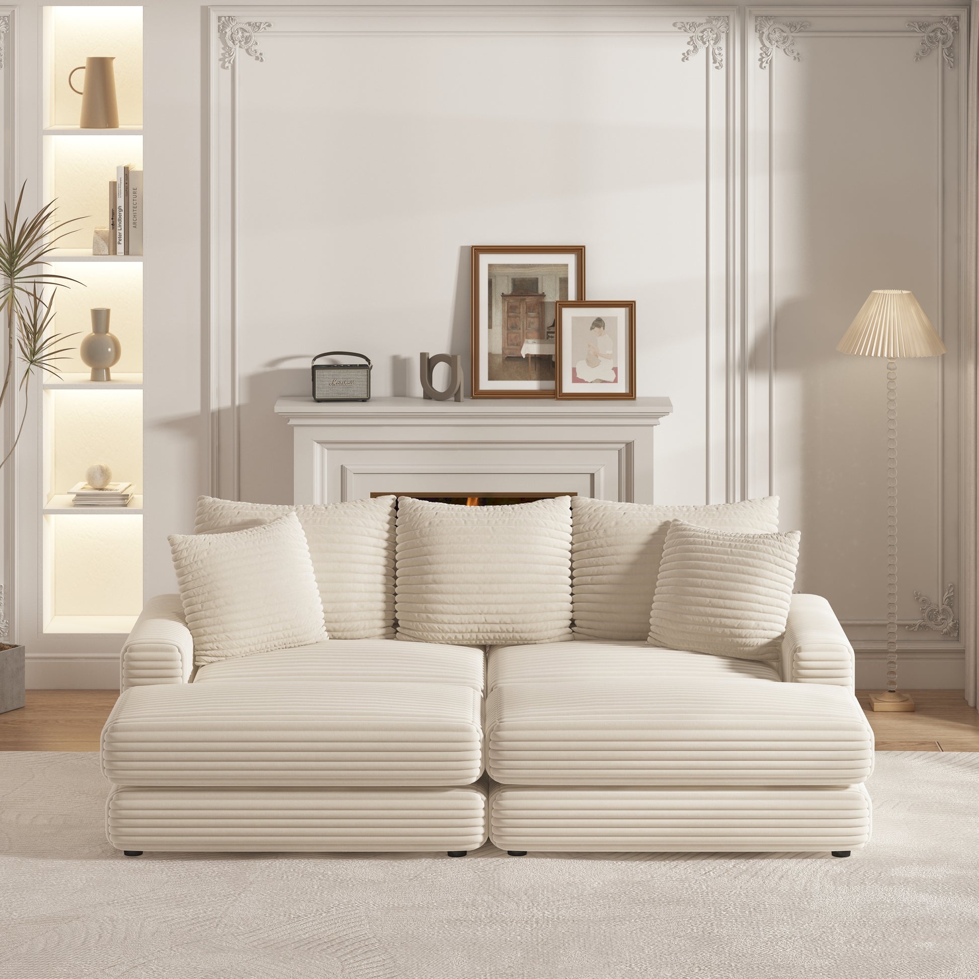 86.6Inch Corduroy 3 Seater Sofa With 3 Back Pillows2 Toss Pillows And Two Ottoman ,Comfy Sofa Deep Seat Couch For Living Room Beige Corduroy