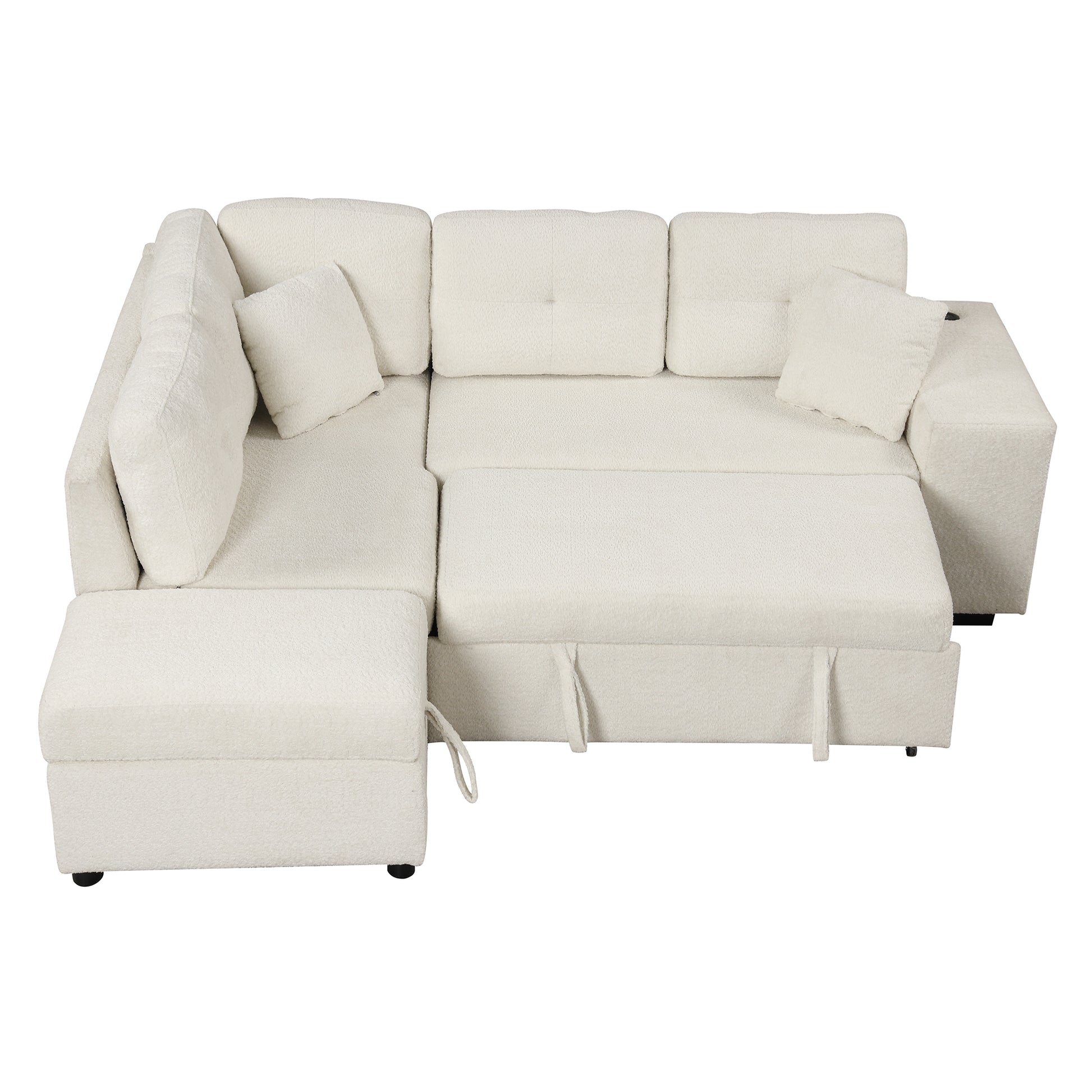 87.7" Convertible Sleeper, Sectional Pull Out Sofa Bed With Storage Ottoman, 2 Throw Pillows, 2 Stools, Wireless Charger And Two Hidden Usb Ports For Living Room, Cream Cream Chenille 4 Seat